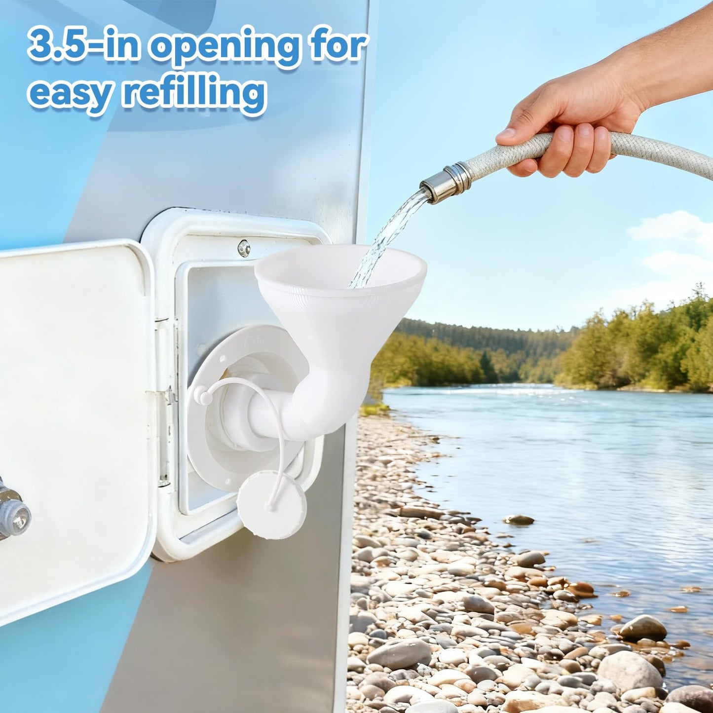 RV Water Inlet Funnel, 3.54-in Wide Mouth Gravity Fresh Water Tank Fill Funnel for Water Inlet Hatch, Travel Trailer Essentials Accessories Supplies, Screw-On Hands-Free Design