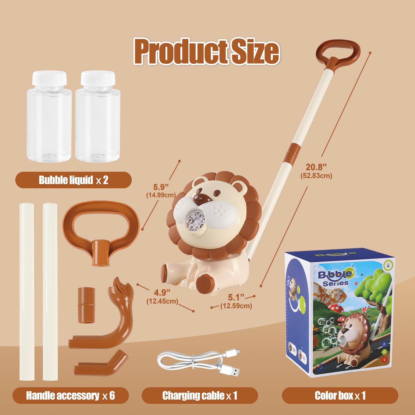 Lion Automatic Bubble Machine for Toddler Kid Toy 1 2 3 4 5 6 7 8 1yr Year Old Little Girl Boy Gift Lawn Mover Maker Blower Summer Outdoor Push Toys Rechargeable Easter Christmas Birthday Present