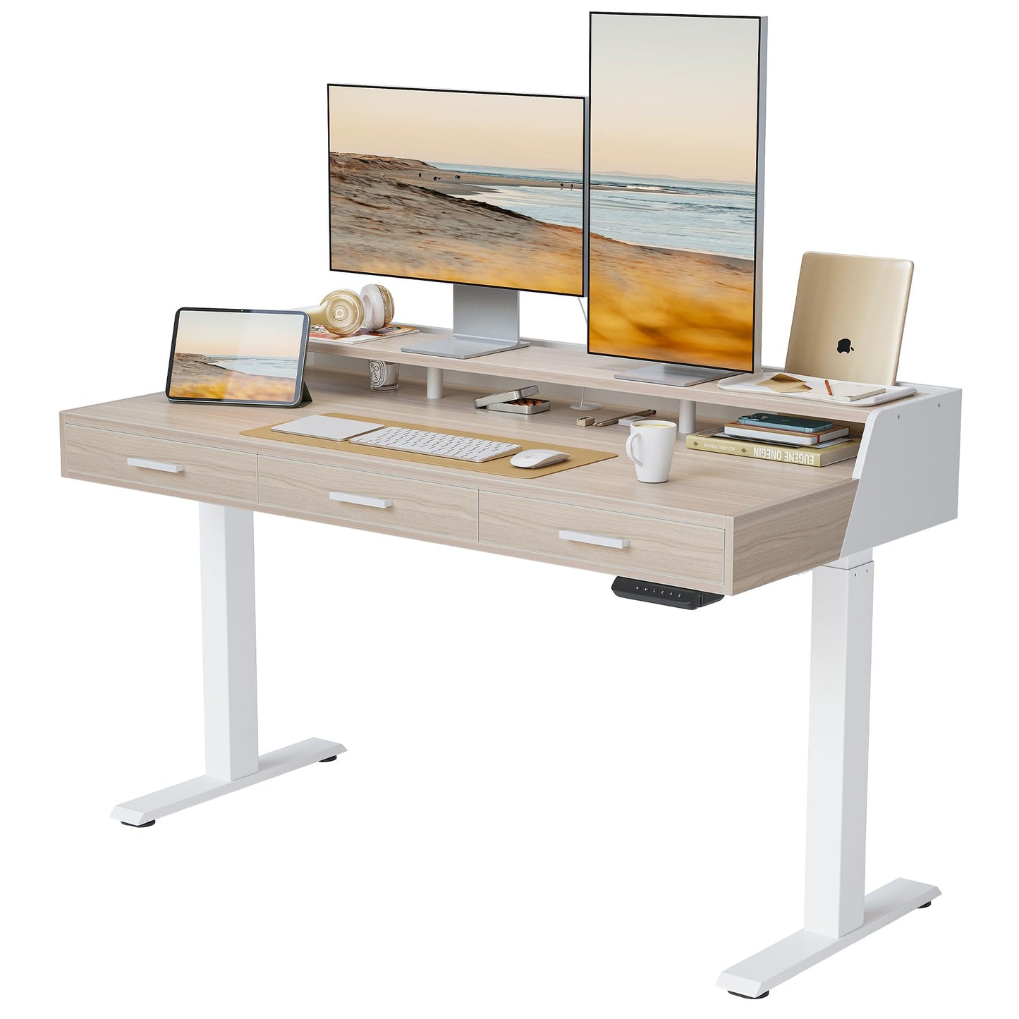 CubiCubi Standing Desk 55x26 Inches with 3 Wood Drawers and Monitor Shelf, Ergonomic Rising Home Office Desks, Height Adjustable Computer Desk, Sit Stand Up Electric Workstation Table, Light Walnut