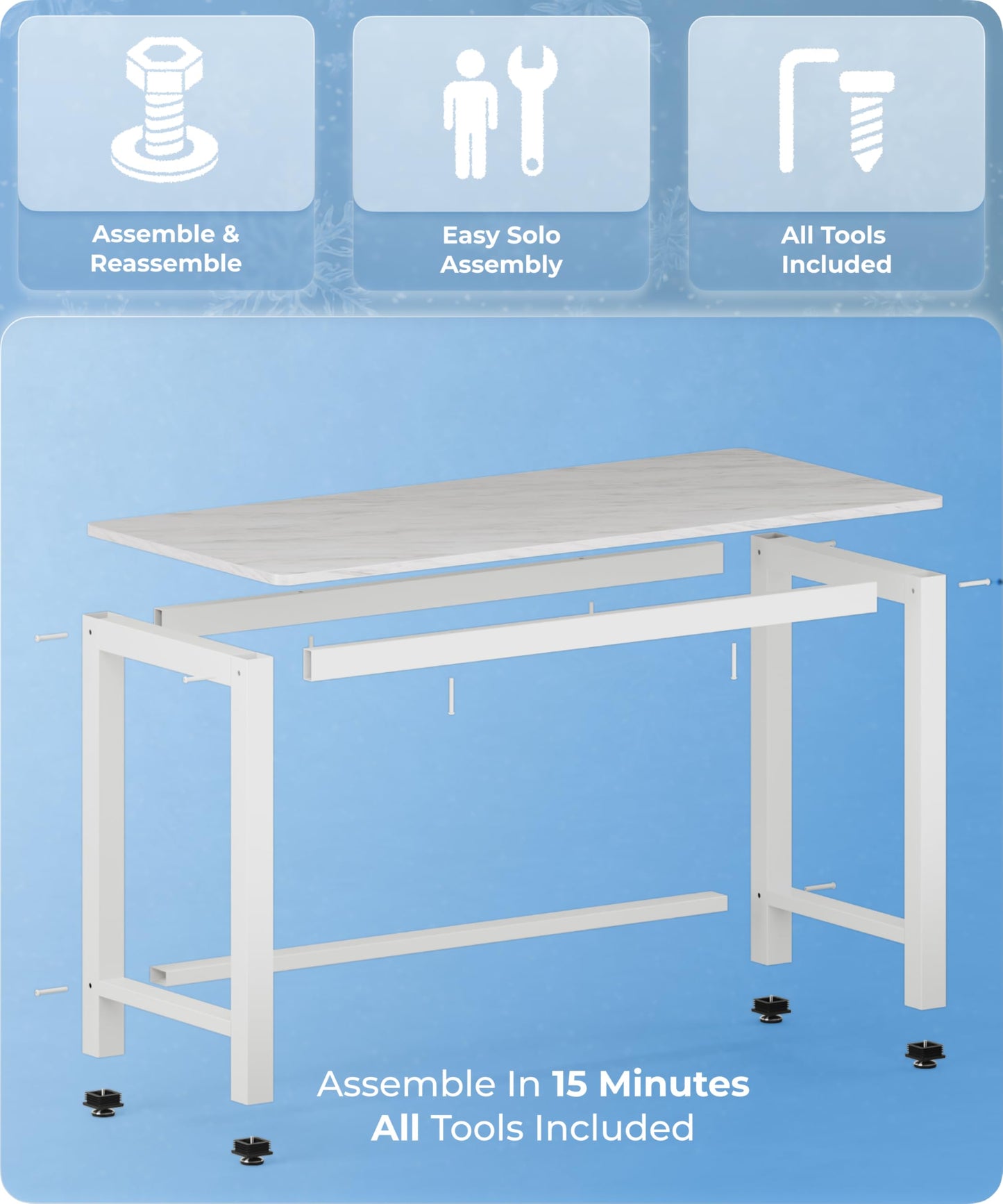 Fday 43" Home Office Desk Modern Computer Desk 43.3x23.6x29.5 inches PC Table with Thicken Frame Industrial Style Sturdy Metal Frame Furniture for Writing Gaming Marble White+White