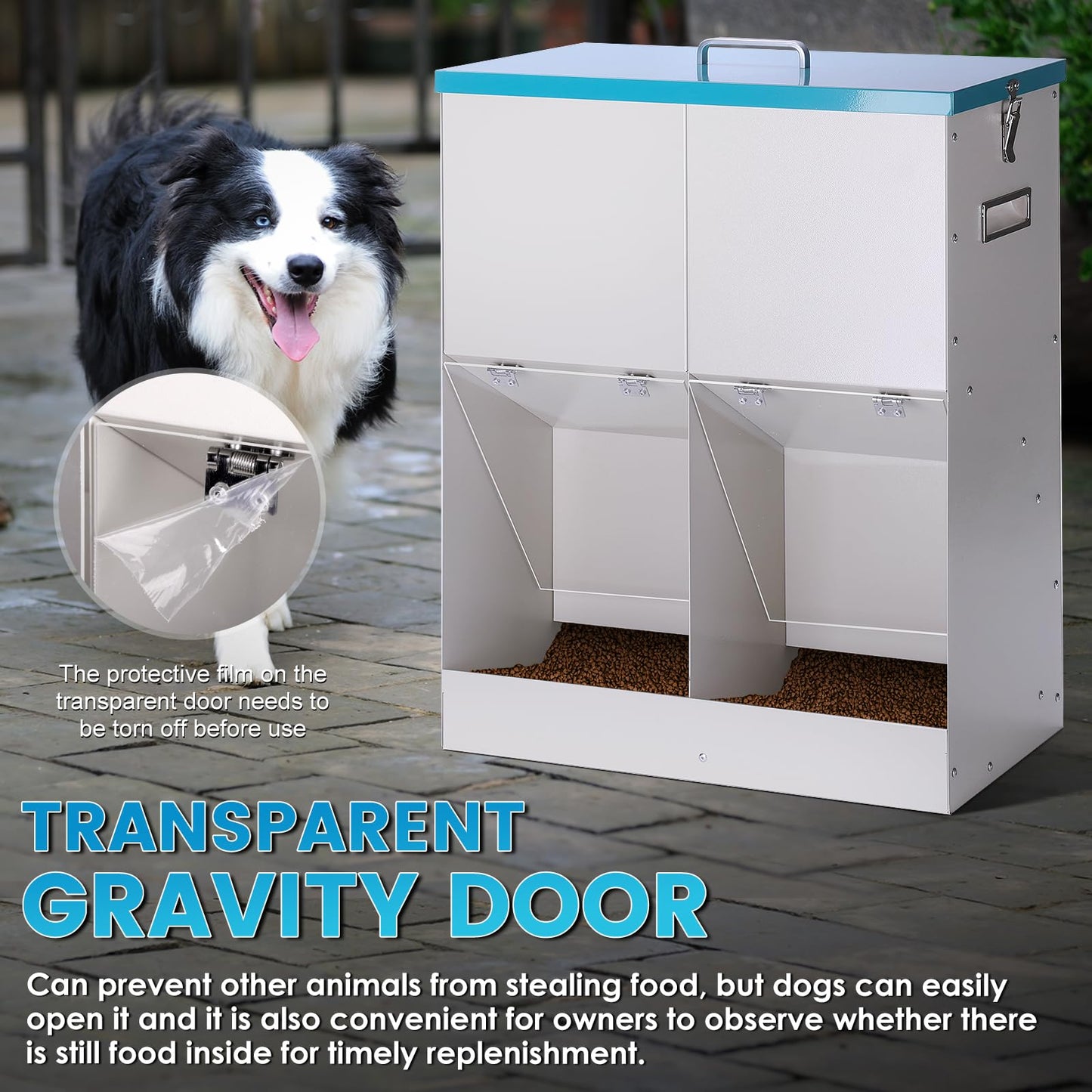 KHEARPSL 46lbs Automatic Dog Feeder for 2 Dogs Large Breed Dog Food Dispenser Outdoor Gravity Dual Pet Feeder Galvanized Steel Hangable Outside Pet Feeding Station