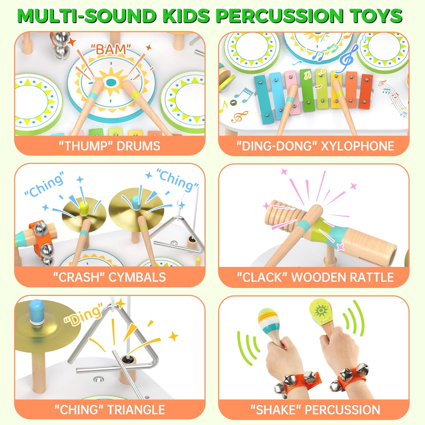 12-in-1 Drum Set for Toddlers 1-3,Baby Musical Instruments Table ,Wooden Montessori Toys with Xylophone,Bongo Drums,Cymbals,Maracas & Wrist Bells,Birthday Gift for 1 2 3 Year Old Boy Girls