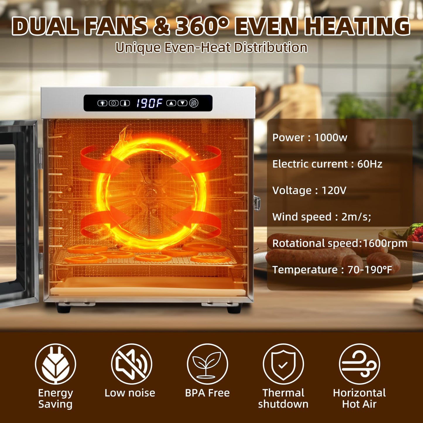 Food-Dehydrator Machine 9 Stainless Steel Trays, 1000W Fruit Dehydrator,7.7ft² Meat Dryer for Jerky,190ºF Temperature Control,24H Timer Dryer Machine for Herbs,Beef