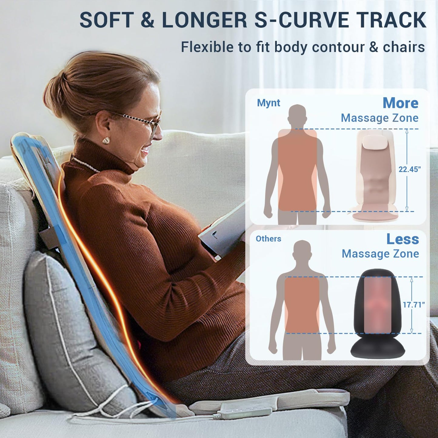 Mynt FSA HSA Eligible Foldable Back Massager, Chair Massager with Soothing Heat, Flexible Massage Chair Pad with Soft S-Curve Longer Track Adjustable Pillow for Diverse Body Contours, FSA/HSA Approved
