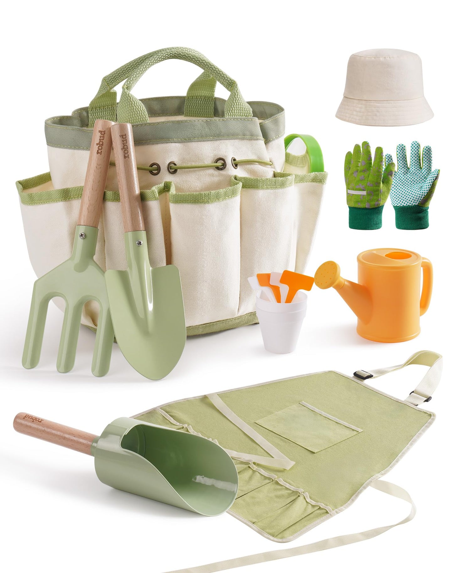 ROBUD Kid Gardening Set, Wooden Garden Tool for Kid, Garden Tool Kit with Tool Storage Bag, Apron, Gloves, Montessori Toys for Kids to be Closed to Nature, WRP25