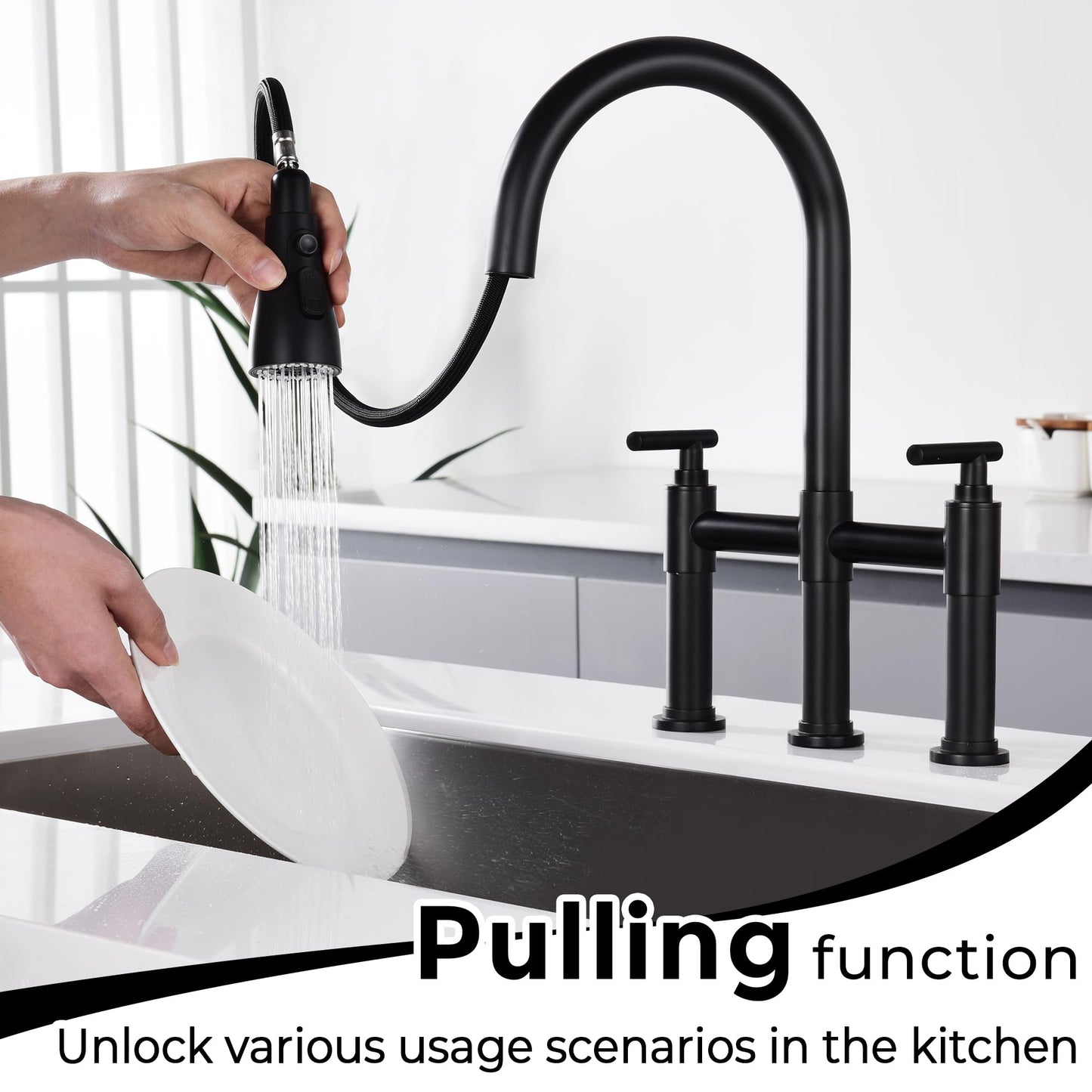 ARRISEA Bridge Kitchen Faucet with 3 Mode Pull-Down Sprayer 2 Handle 8 Inch Faucet for Kitchen Sinks 3 Hole Kitchen Sink Faucet, Fingerprint Resistant Spot Free Matte Black