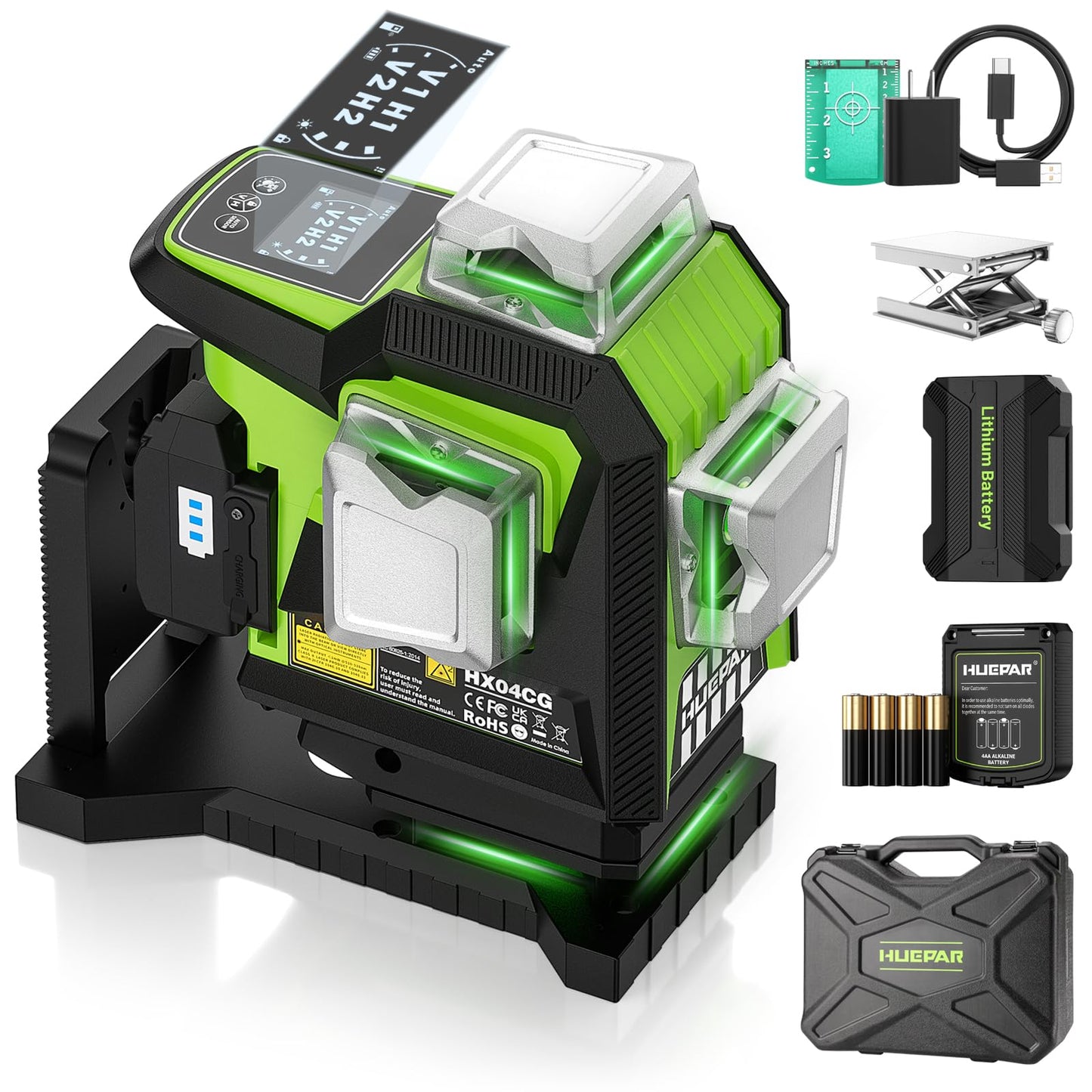 Huepar Laser Level 360 Self Leveling, 1/13 High Accuracy, 4D Green Laser Line Level with LCD Screen & Pulse Mode & Adjust Laser Brightness 4x360 Cross Line Laser -Magnetic Base, Hard Carry Case HX04CG