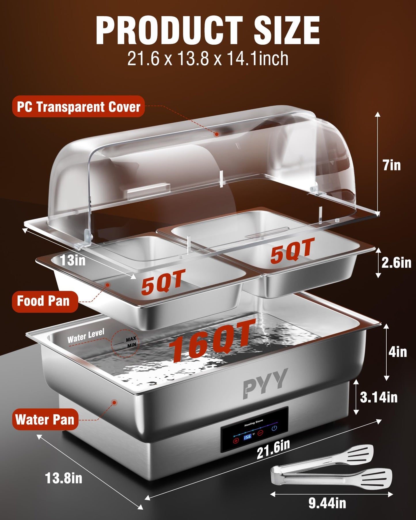 PYY Electric Chafing Dish Buffet Set, Roll Top Chafing Dish, Stainless Steel Chaffing Server Set Chafer for Catering,Buffets (2 Half-Size with Lid)