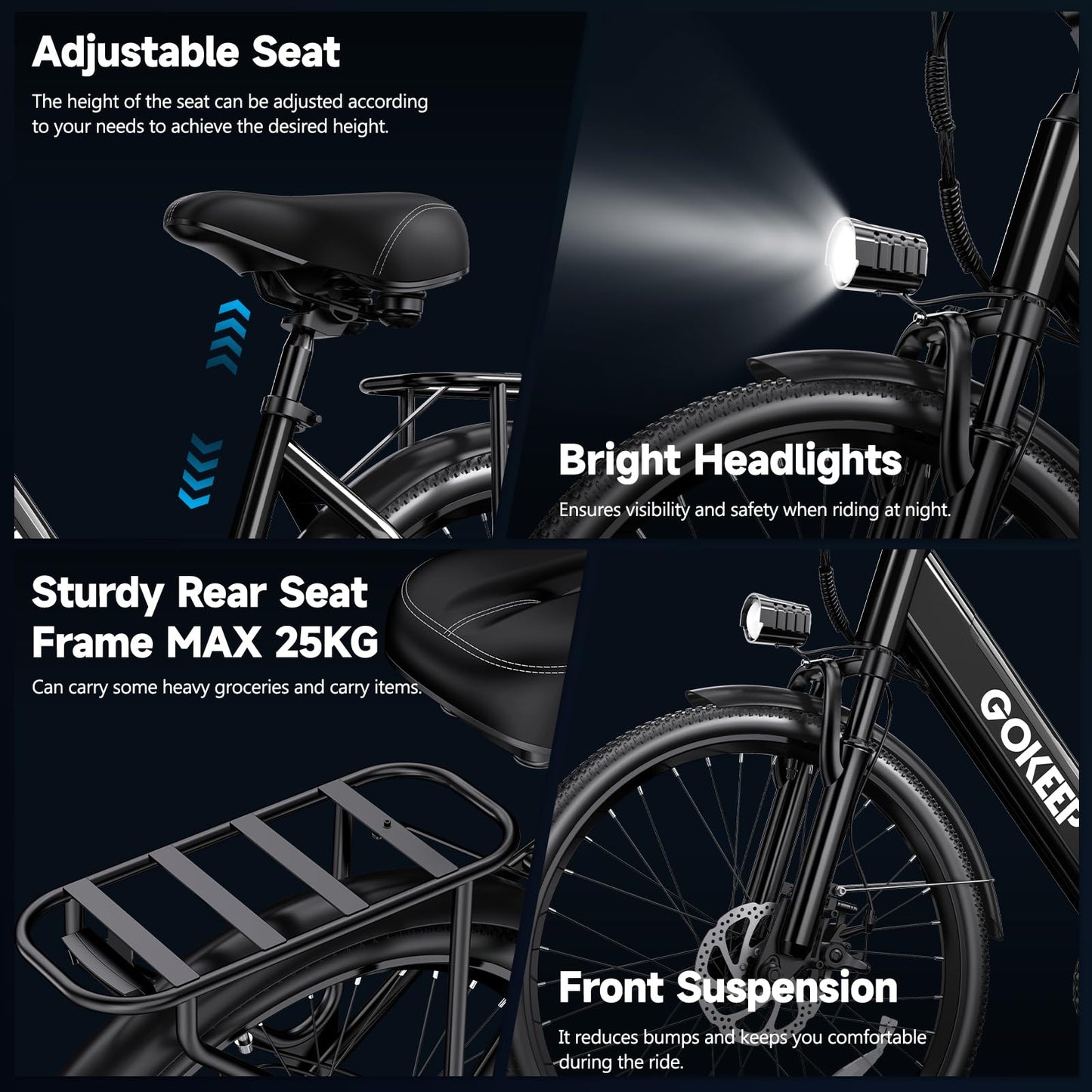 GOKEEP Electric Bike for Adults,1000W Peak Power,Up to 75 Miles 20MPH,26" Electric Mountain Bike with 499Wh Removable Battery,7-Speed,Adjustable Stem and Front Fork Suspension