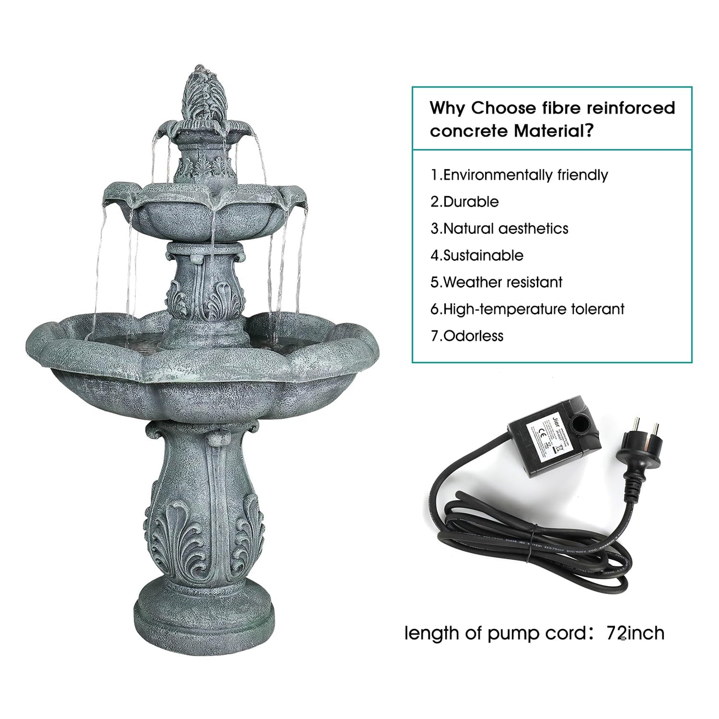 SunJet 48" High 3-Tiers Modern Concrete Outdoor Water Fountain - Round Large Outdoor Fountains and Waterfalls for Garden, Patio, Yard, and Deck Decor, Featuring Natural Stone Look (Grey, 48 inch)