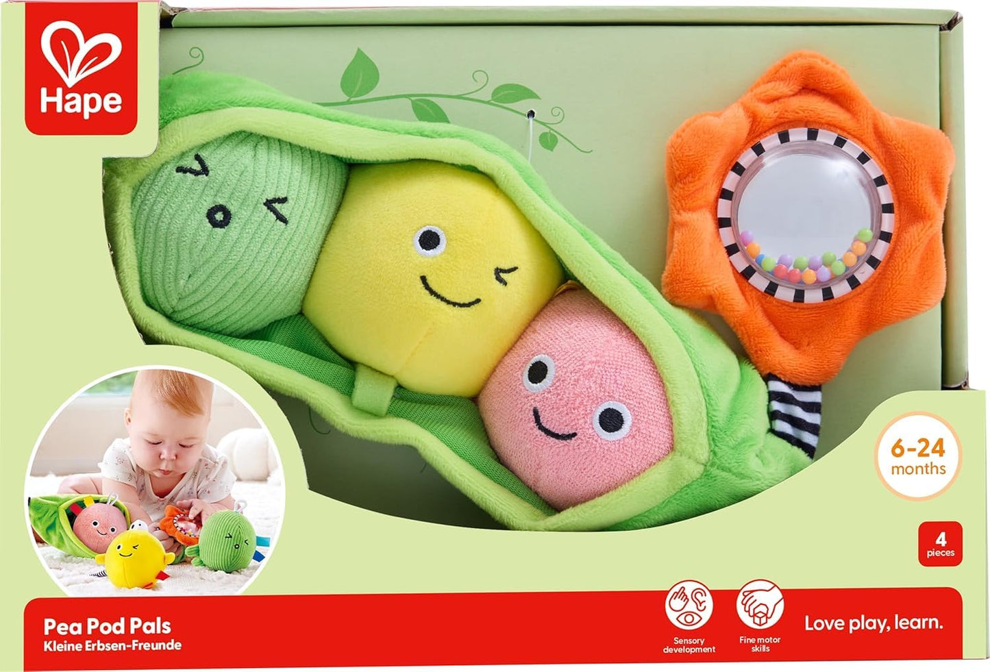 Hape Pea Pod Pals Sensory Baby Toy - 3 Textured Plush Peas with Sounds, Crinkle & Rattle, Stroller & Car Seat Travel Toy for Fine Motor Skills, Multi-Sensory Development for Babies 6 Months+