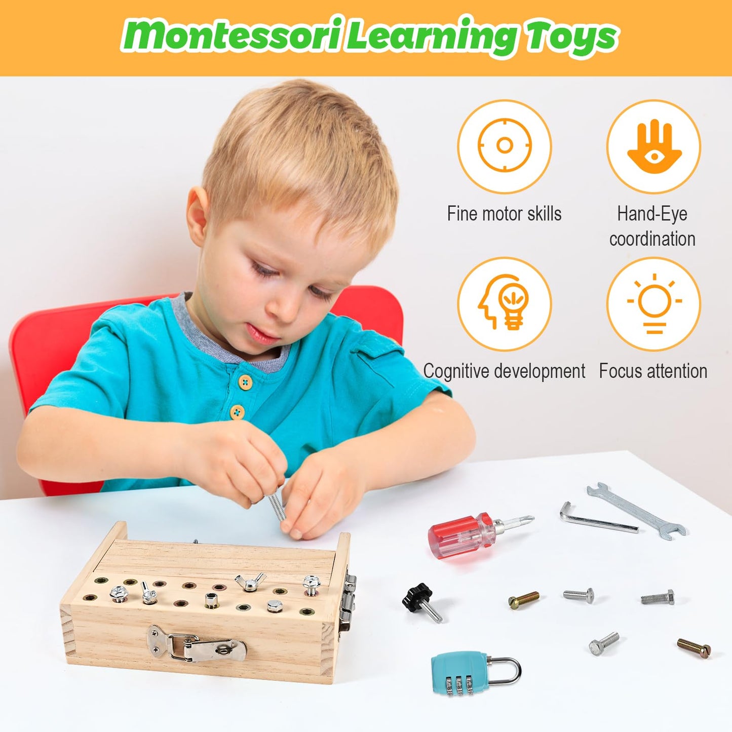 WoodTrove Montessori Screwdriver Board Set, Montessori Toys for 3 4 5 with 3 Lock and Keys, Toddler Screwdriver Toy, Kids Tool Set, Preschool Learning Sensory Toy, Fine Motor Skills Toys