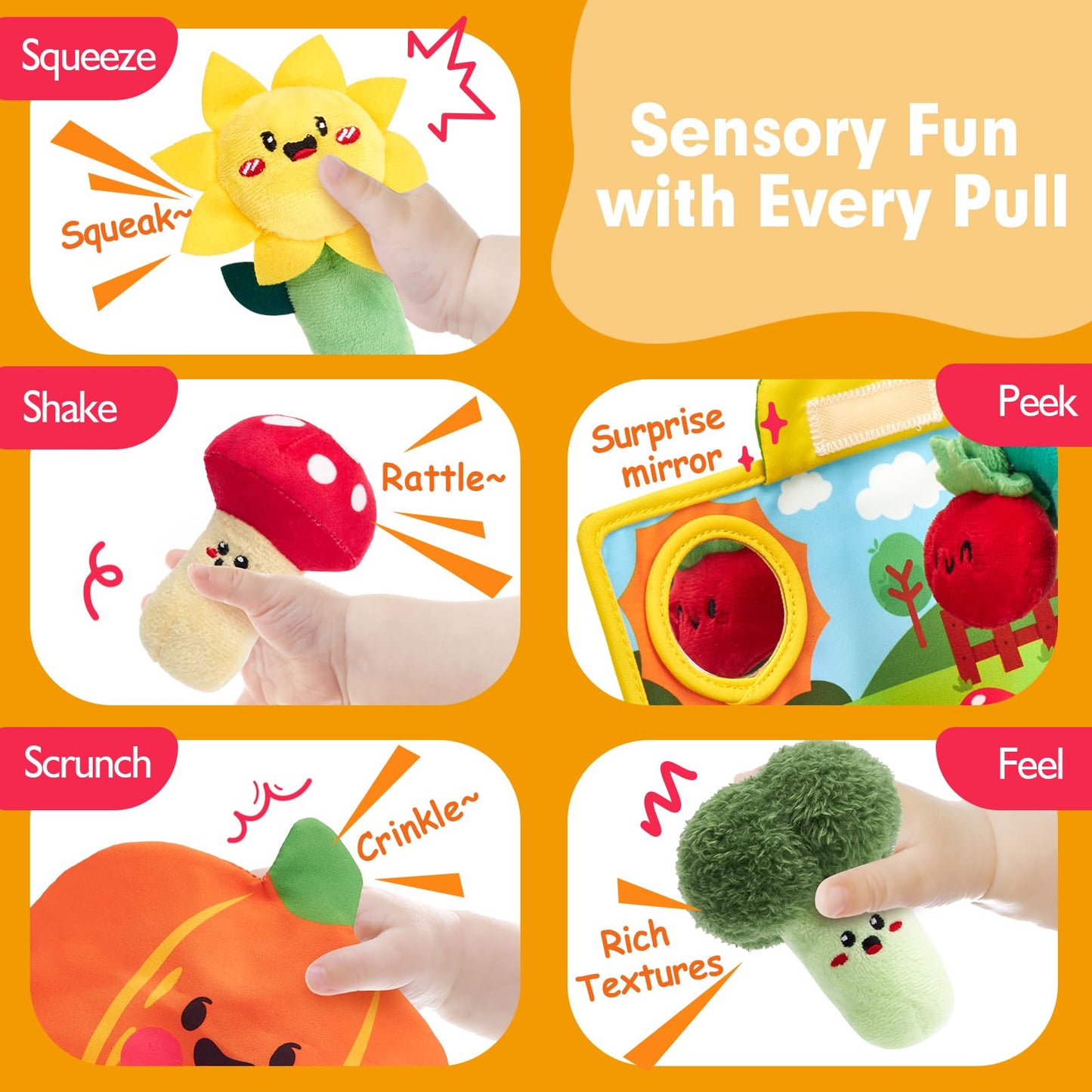 hahaland Baby Sensory Toys 6 Months - Soft Tummy Time Teething Toy and Fruits Vegetables Garden Plant Plush for Babies Gifts