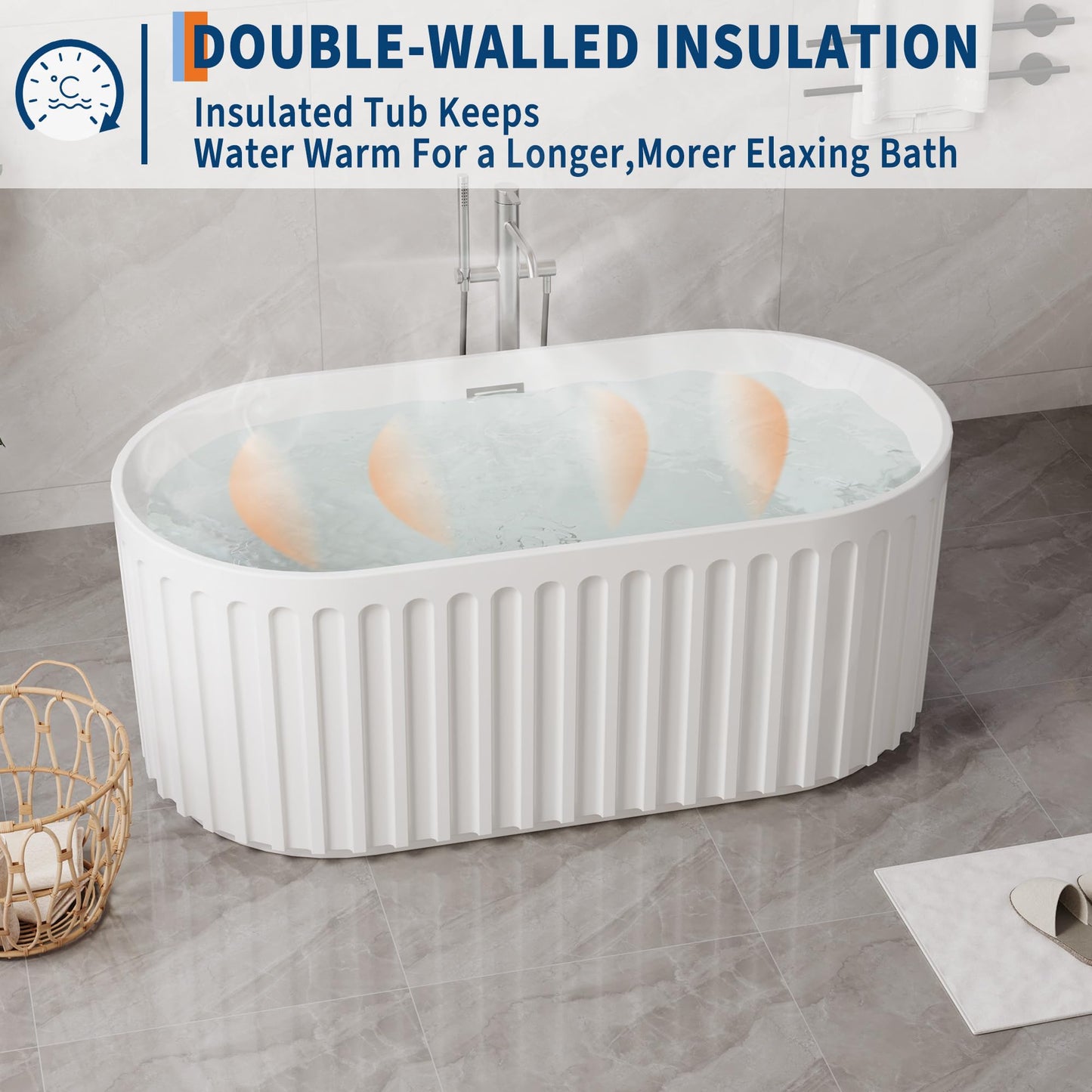 59" Modern V-Shape Freestanding Bathtub - Gloss White Acrylic Soaker with Pleated Design, Chrome Drain & Overflow,Cupc Certified,Gloss White