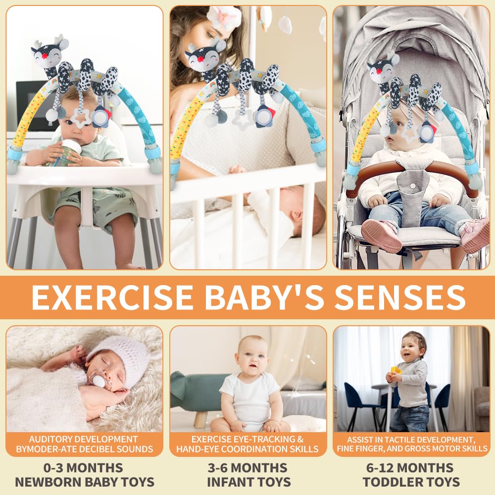 Caterbee Baby Bjorn Bounce Arch Toy bar, Black and White with Stretch & Spiral Hanging Activity Set, Adjustable Clamp for Strollers, Cribs & Car Seats, Includes Rattles, Squeaker & Teether (01)