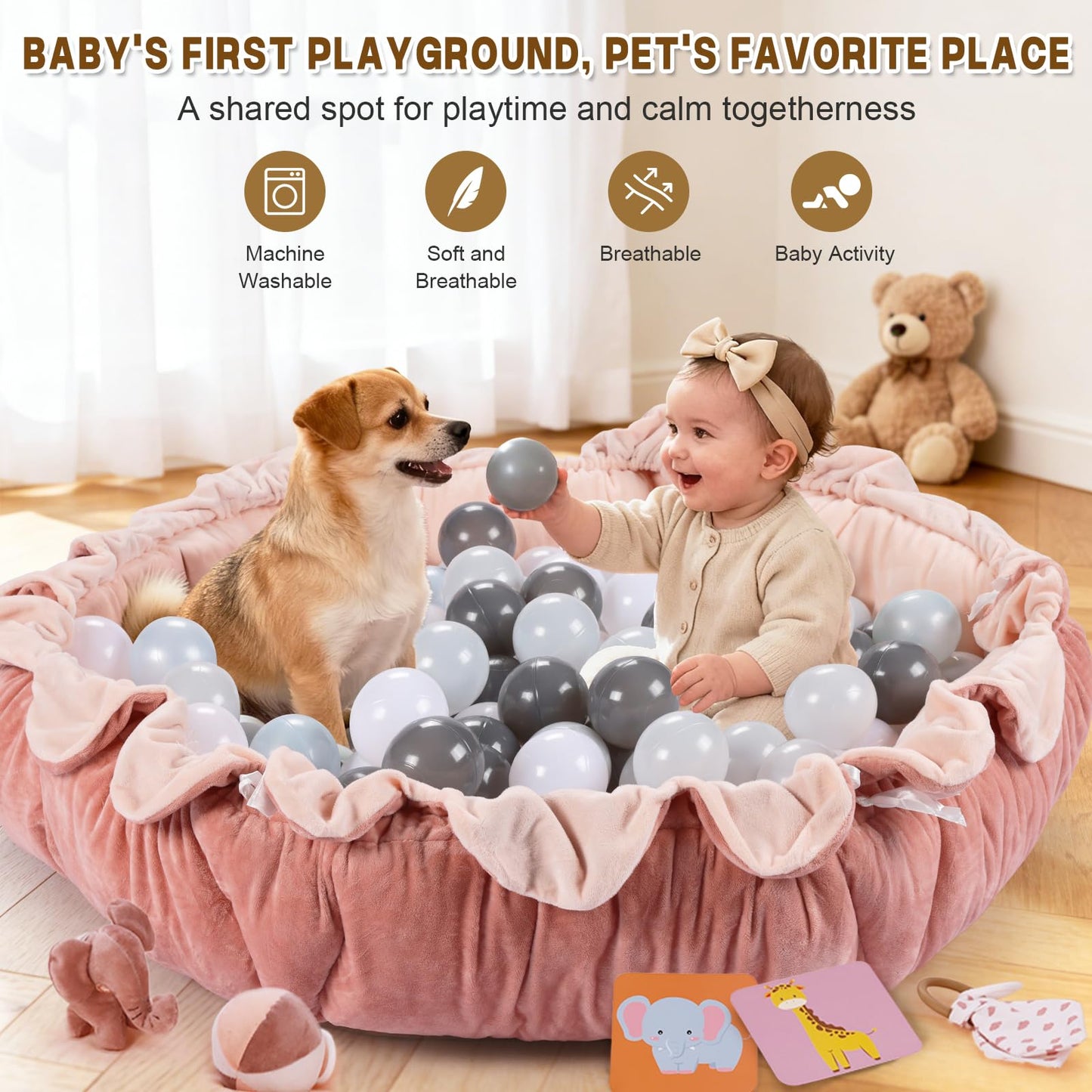 5-in-1 Baby Activity Gym & Play Mat with 6 Hanging Toys, Tummy Time Mat & Cards - Extra Large, Reversible Machine Washable Pad - Gift for Newborns, Infants 0-12 Months, Pink