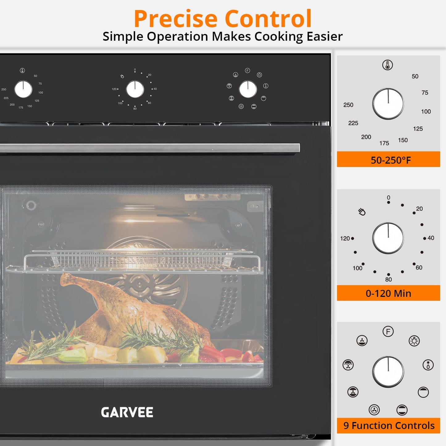 Garvee 24 Inch Built-In Single Wall Oven, 2.5 Cu.Ft Electric Oven with Touch & Mechanical Knob Control, 8 Modes, 3000W, ETL Certified, Black