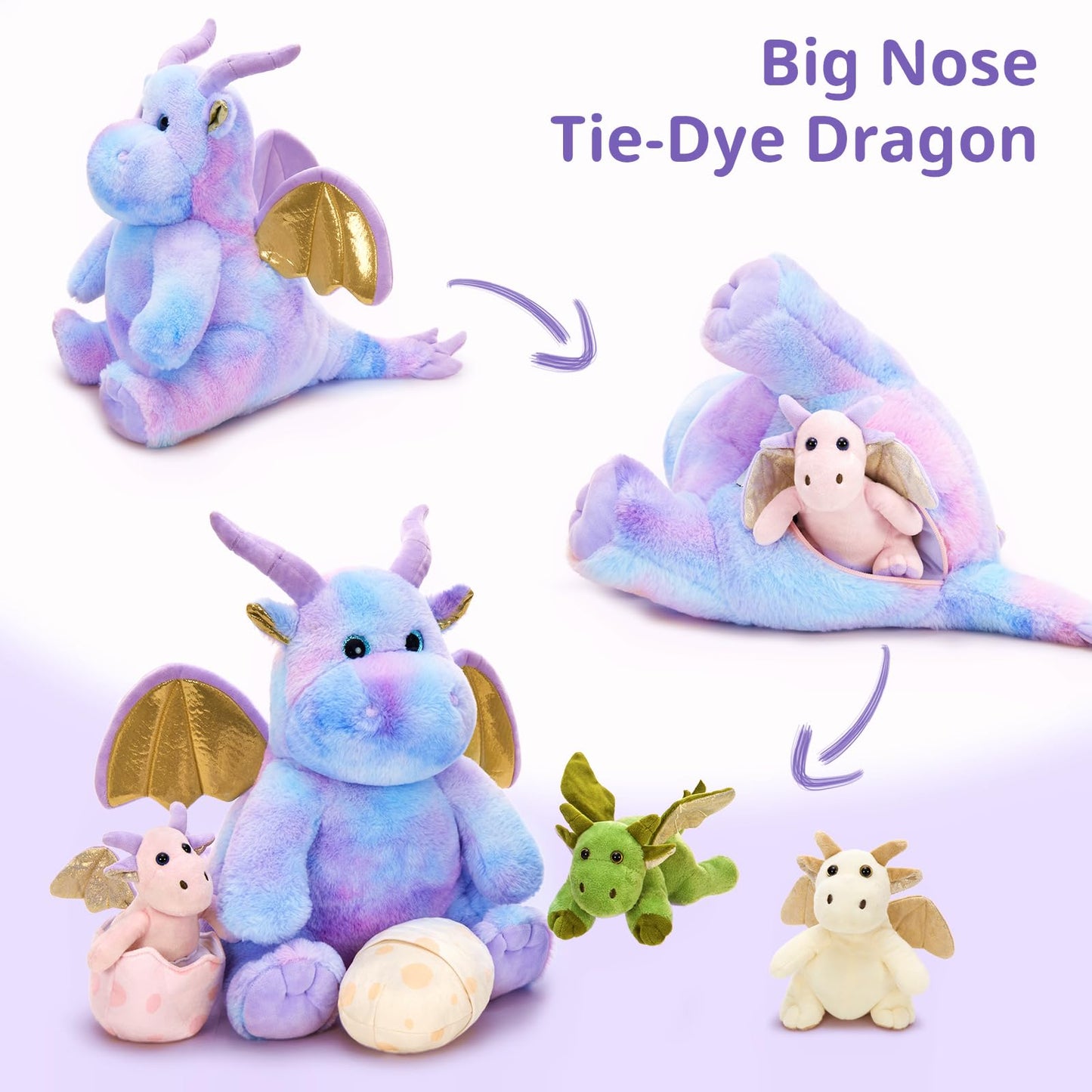 Tezituor Purple Stuffed Dinosaur for Girls,Cute Dragon Stuffed Animal,6 Pcs Mommy Dino Plush Toy with 3 Baby Dinosaurs,Large Pterosaur Stuffy,Triceratops, Stegosaurus Plushies Birthday