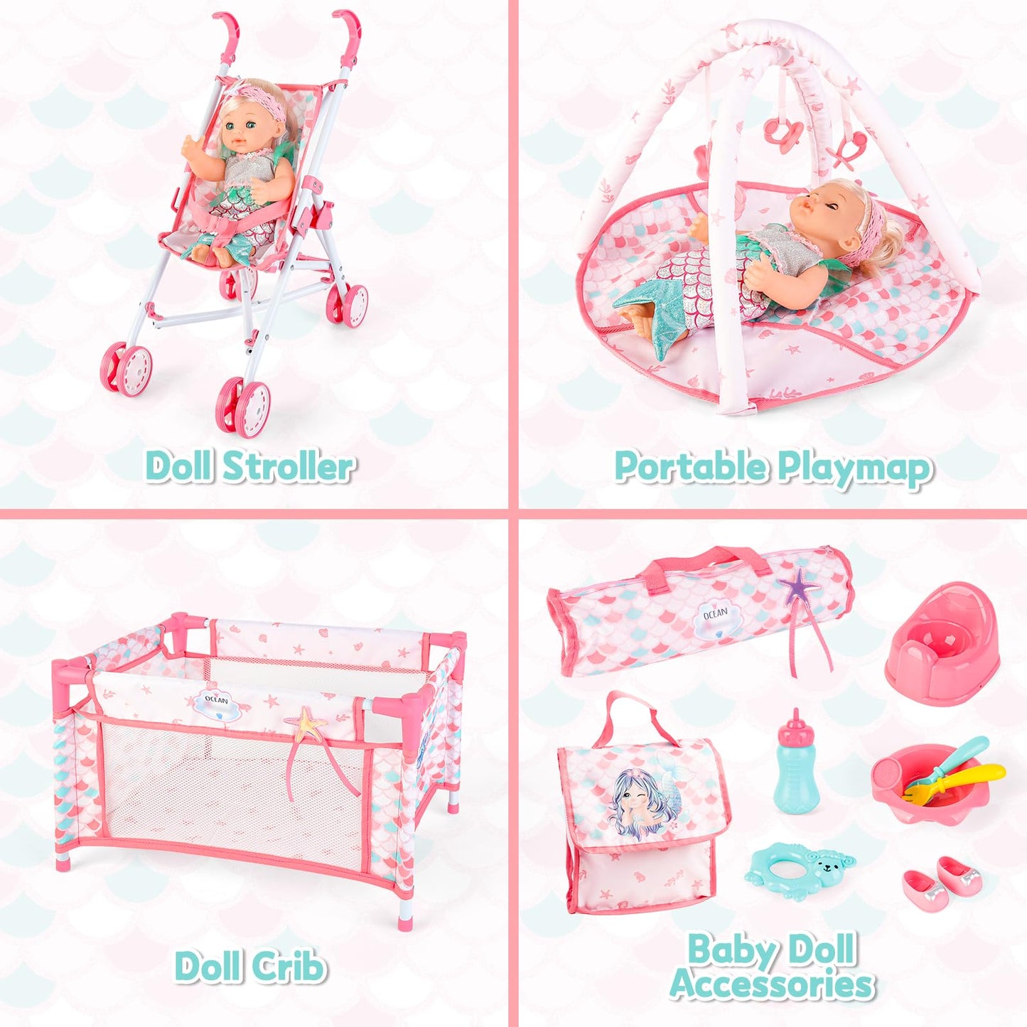 deAO Baby Doll Stroller Playset,5-in-1 with 12-inch Doll Included,Foldable Stroller,Crib Bed & Play Mat - Fits 12 14 Inch Dolls,Pink Travel Toy Set for Toddlers Girls Boys