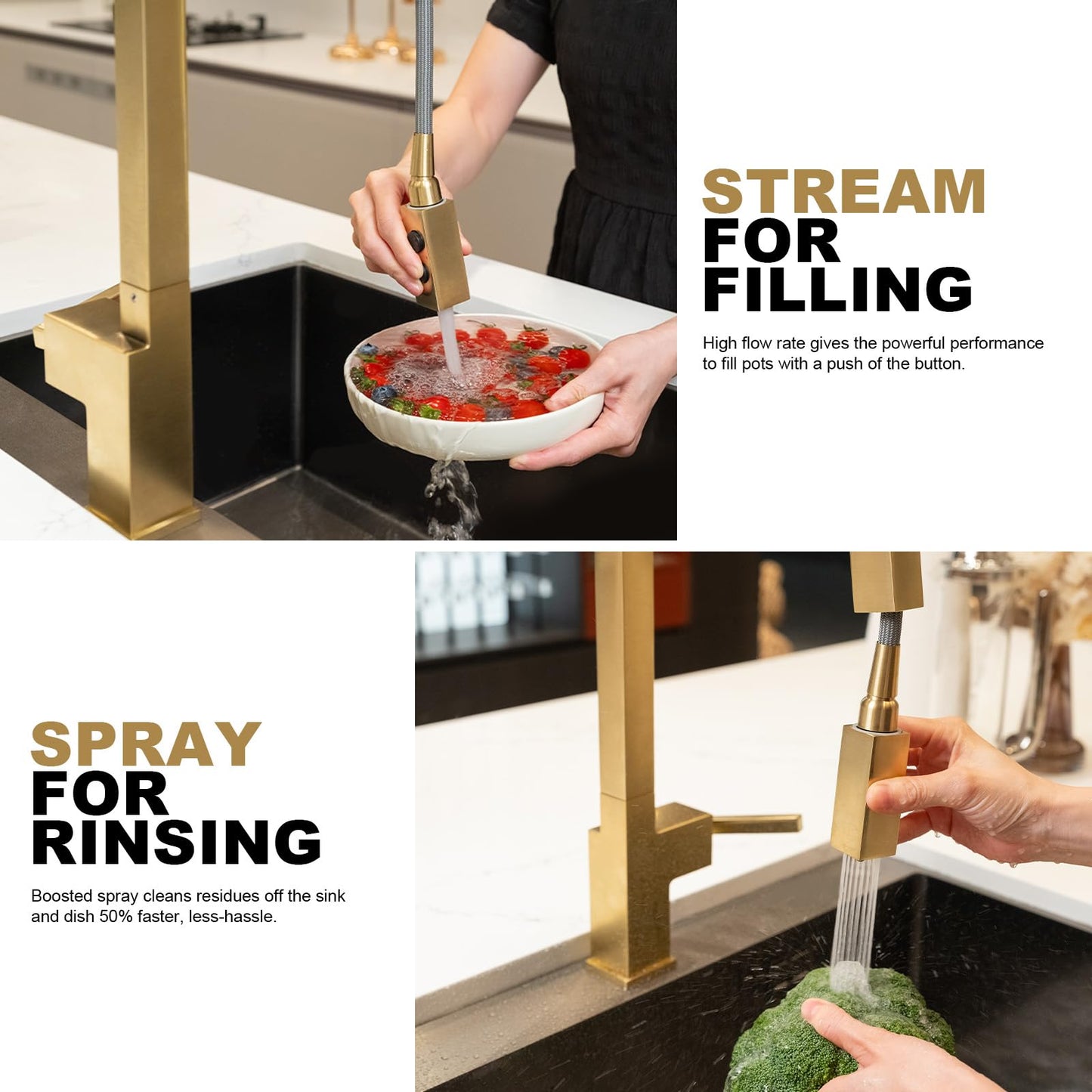 Brushed Gold Kitchen Faucet with Pull Down Sprayer, Lava Odoro Gold Single Handle Kitchen Sink Faucet, Gold Faucet for Kitchen Sink with Magnetic Docking Spray Head, Deck Plate, KF182-SG