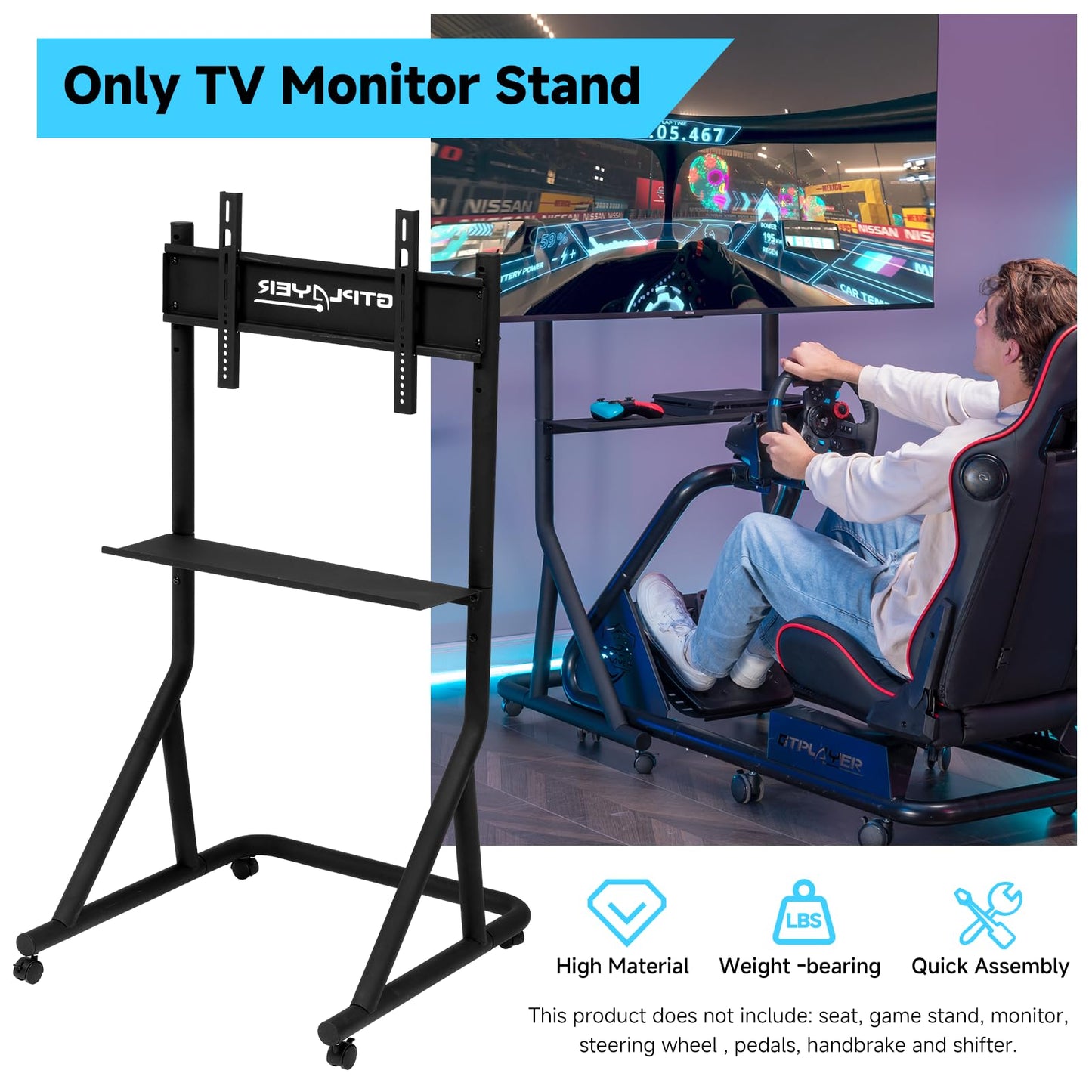 GTPLAYER Monitor Stand Mobile TV Stand with Adjustable Height for 32-65 Inch Display TV Mount Fit for Racing Wheel Stand, Racing Simulator Cockpit, Only Monitor Stand, TV Not Included, Black