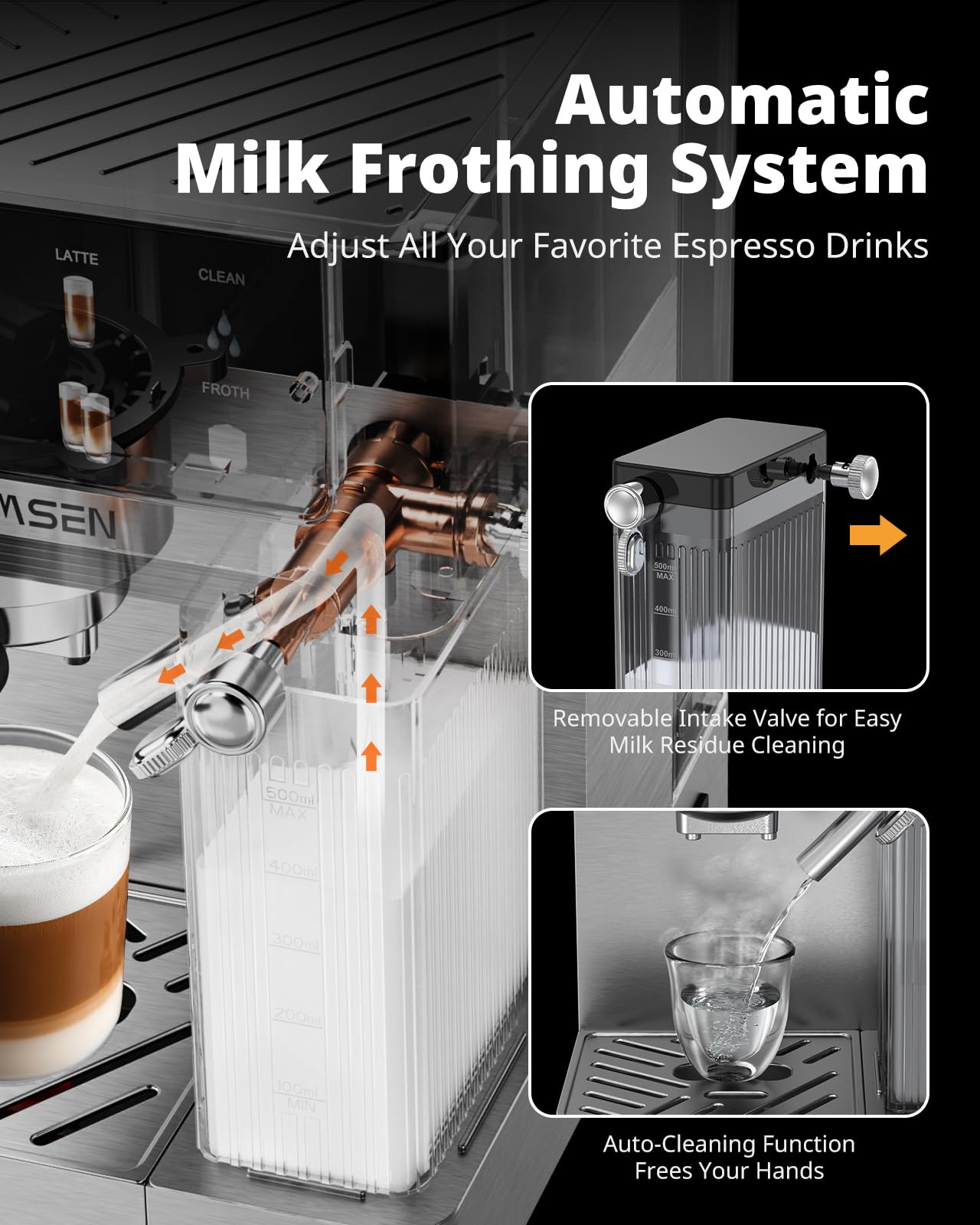 AIRMSEN 20 Bar Espresso Machine with Automatic Milk Frother, Cappuccino & Latte Coffee Maker with Quick Brew Dual Boiler (1350W + 1000W), Stainless Steel, 60oz Water Tank, Touchscreen
