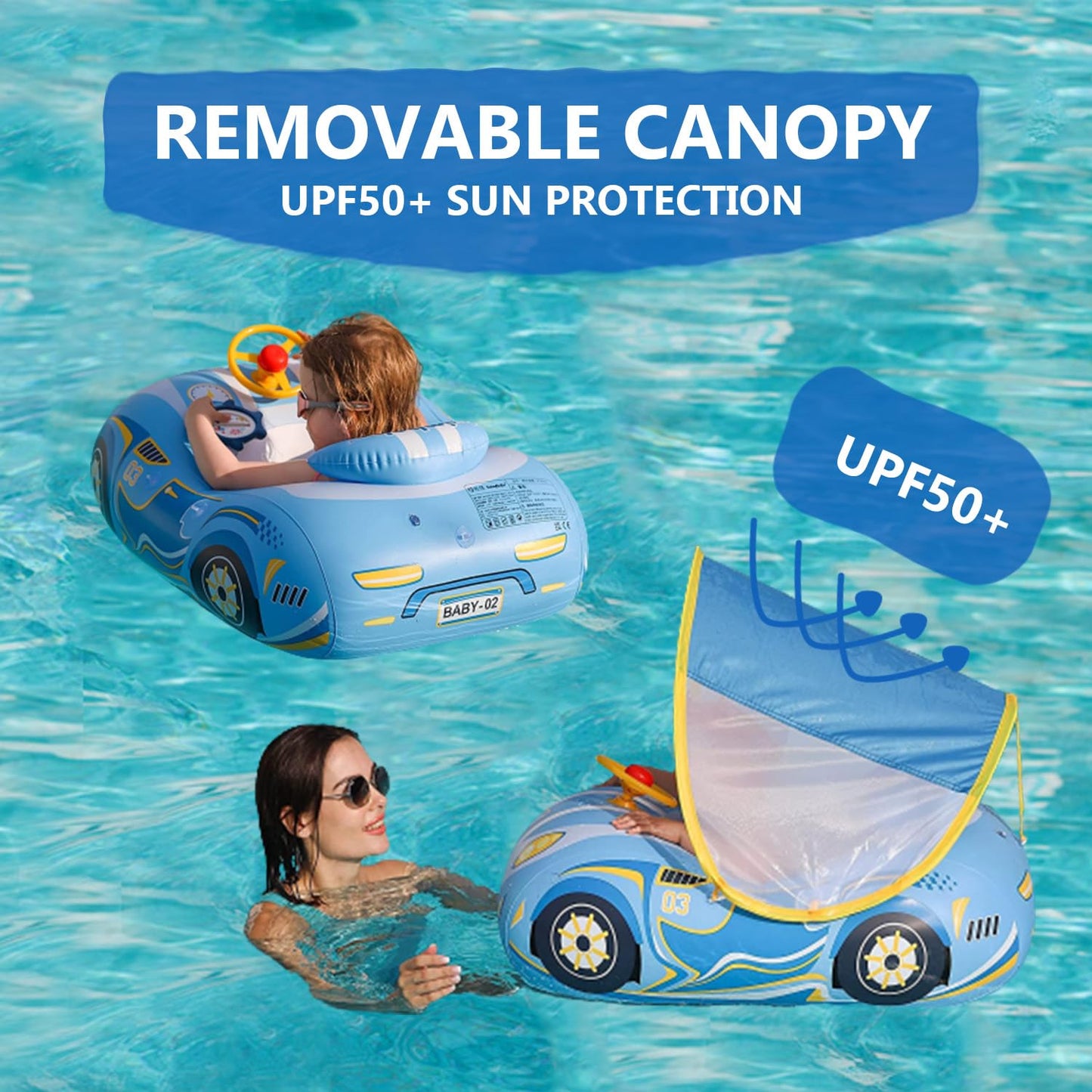 Baby Pool Float with Canopy, PVC Baby Swim Float with Sun Shade Cover, 3D Car Toddler Pool Float Swimming Floats Seat Boat for 12-18, 12-24 Months, Age 2-3, 3+ Years (Blue Canopy)
