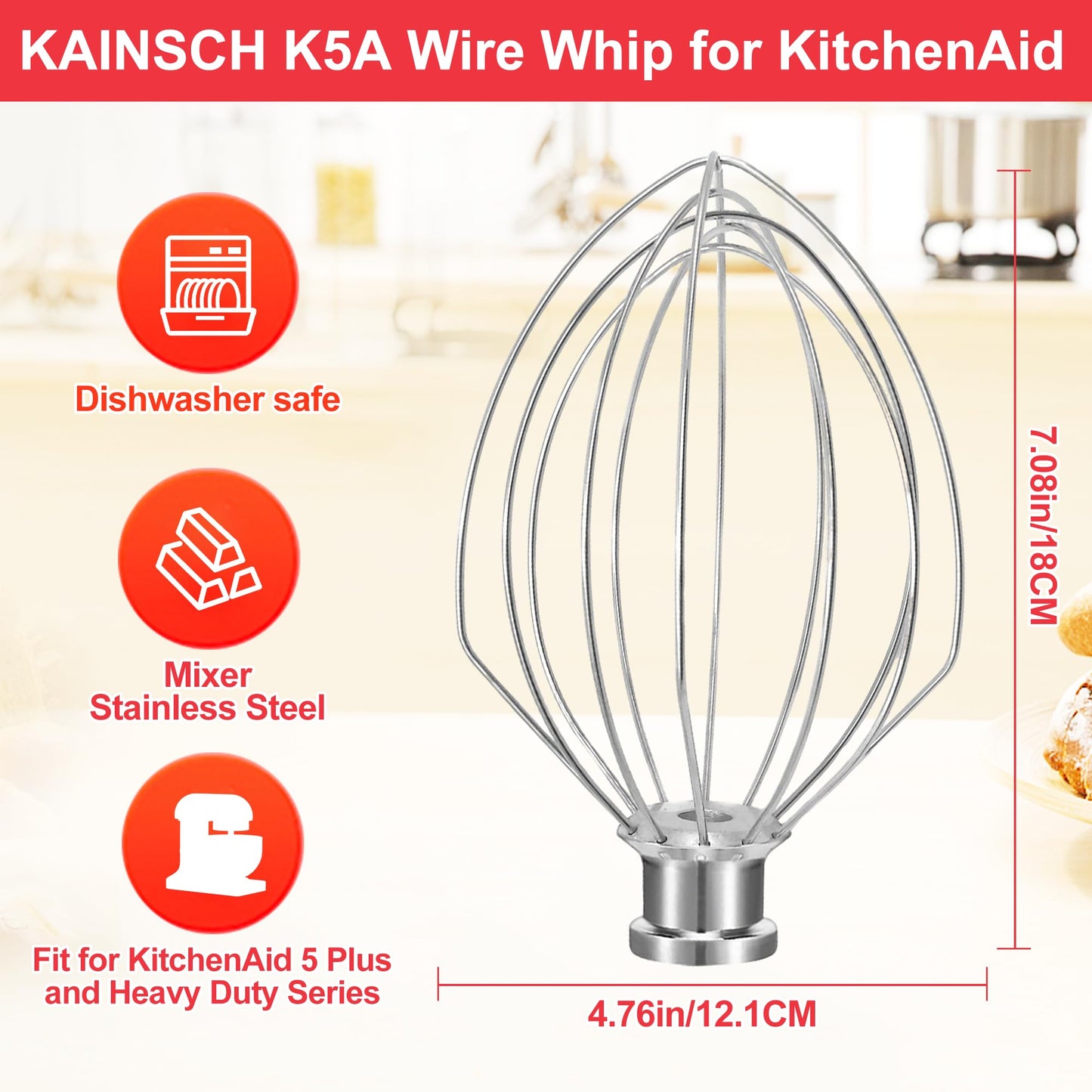 K5A Stainless Steel Whisk for KitchenAid 5Qt Bowl Lift Stand Mixer，6 Wire Whip Attachment for K4 K5 K5SS, KSM5, KG25, KP50, KSM6573, KSM6521, 18/8 Stainless Steel，Heavy Duty，Dishwasher Safe
