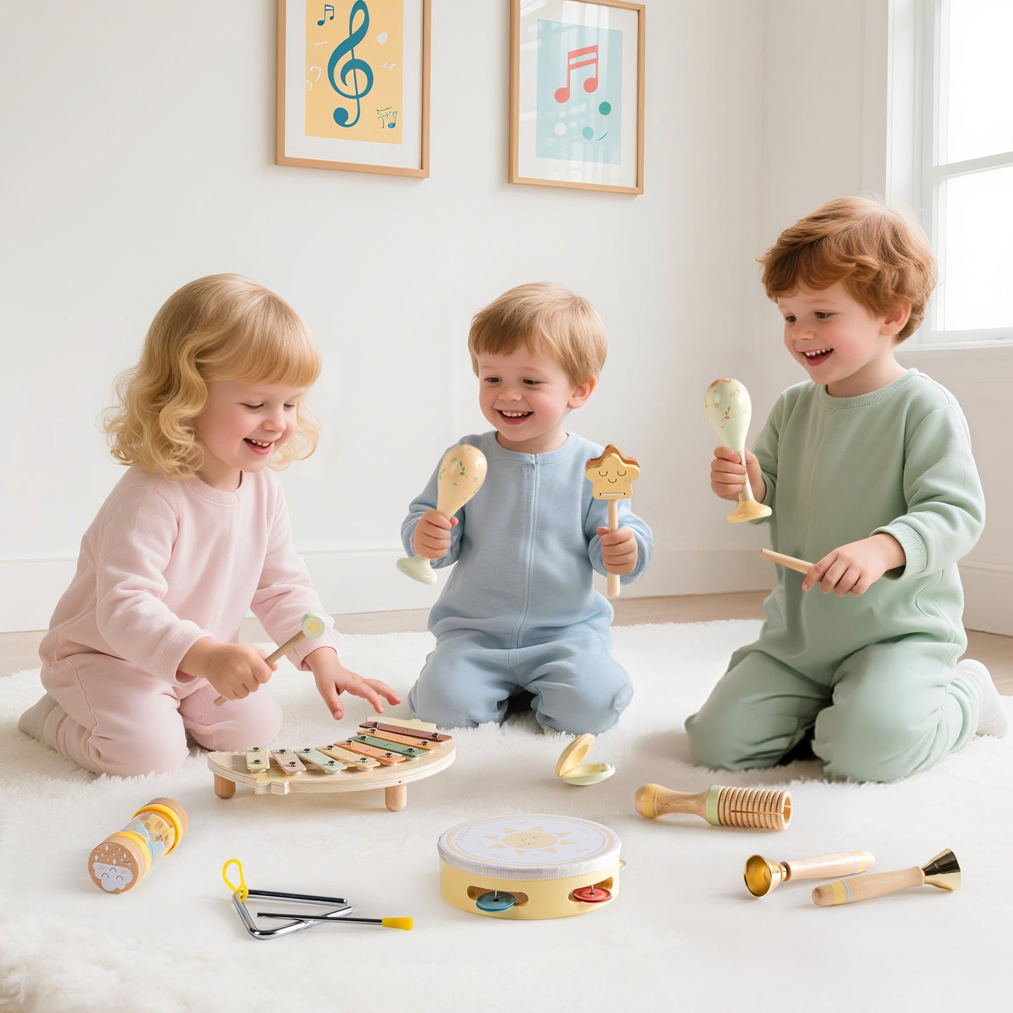 ROBUD Toddler Musical Instruments, Montessori Wooden Baby Musical Toys, Neutral Colors Musical Toys for Toddlers 1-3, Educational Percussion Set, for Boys and Girls(Star and Moon Theme)