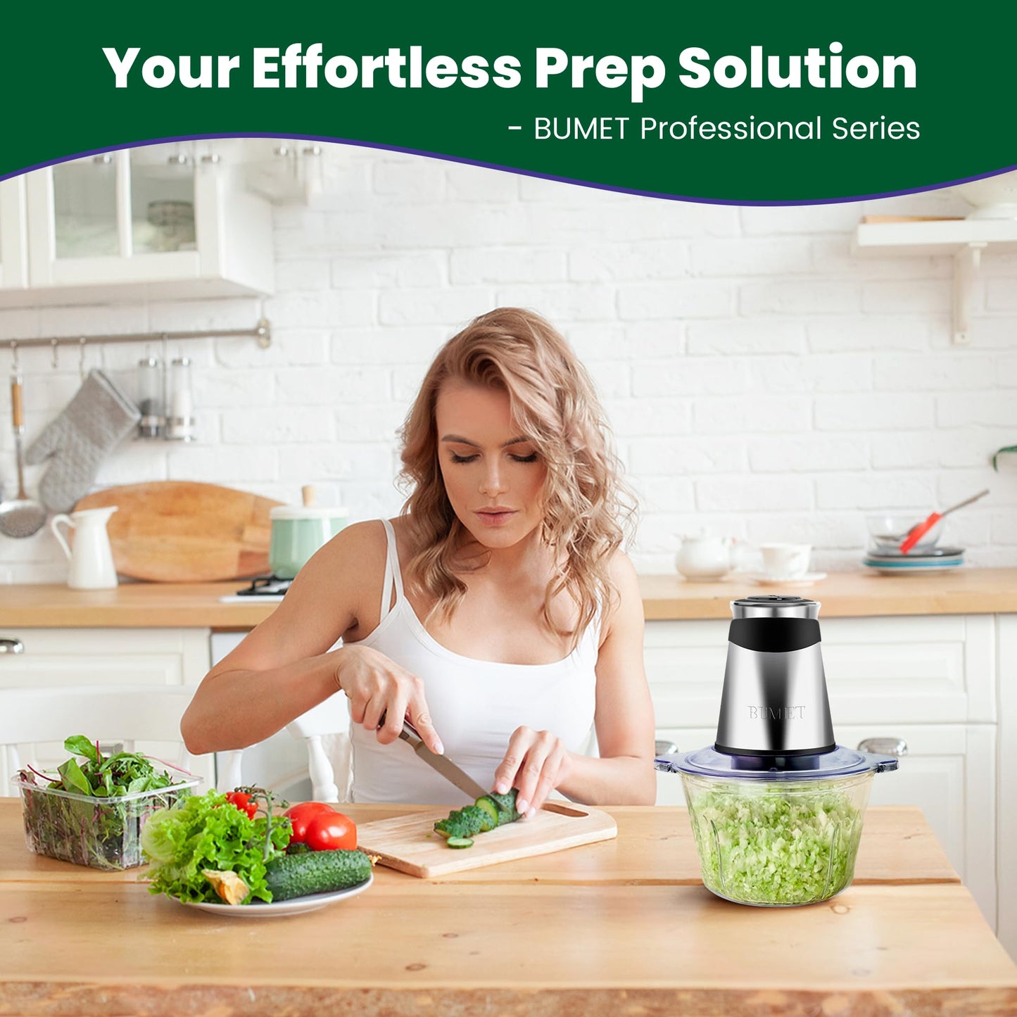 BUMET Electric food processor vegetable chopper 500W 2x8cup bowls 2 bi-layer 4 blades Small Food chopper Electric Meat grinder for home use,Mincing, and Puree for kitchen aid, baby foot, pet food