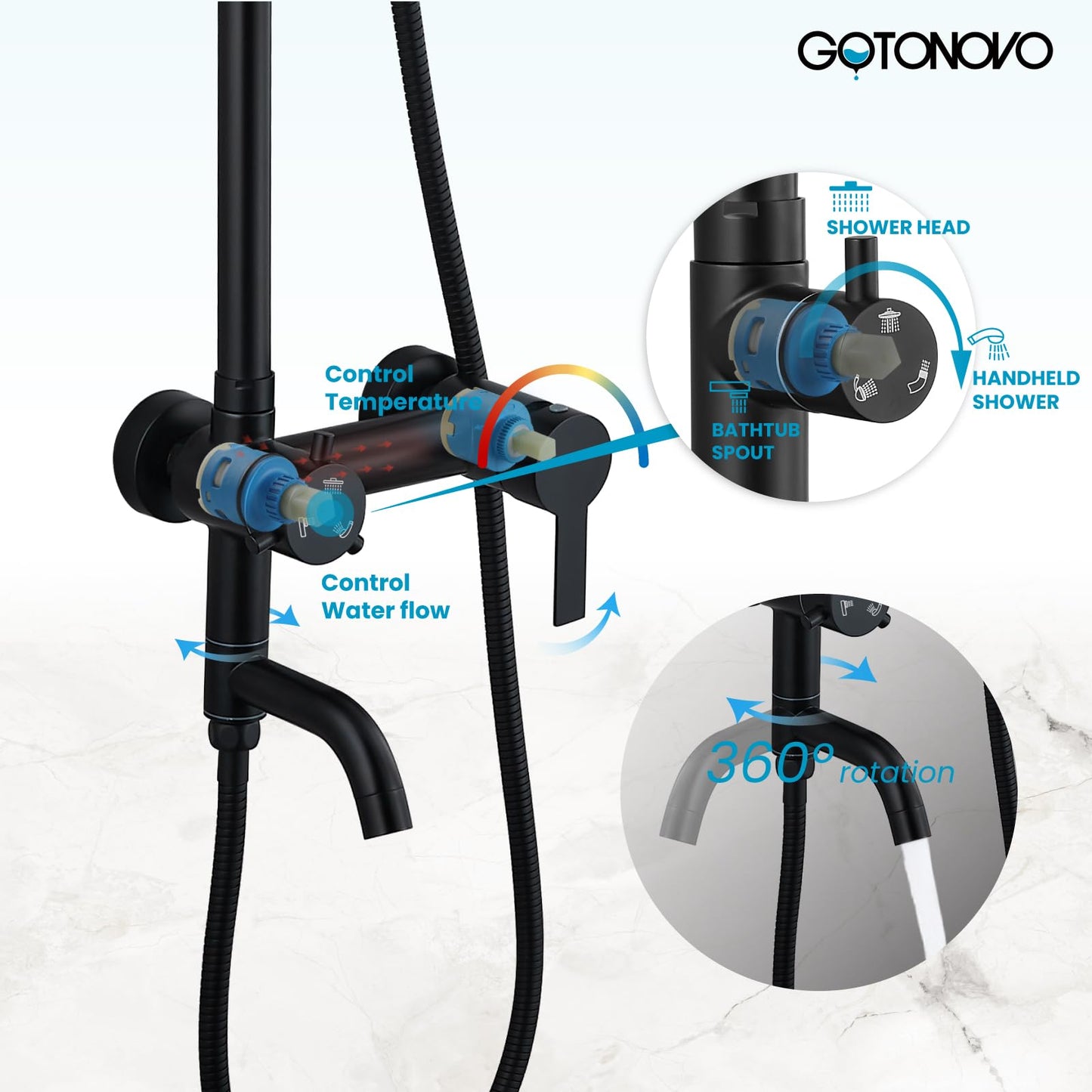 gotonovo Outside Shower Fixture Wall Mount Matte Black SUS 304 Stainless Steel Triple Function with Hand Sprayer and Tub Spout 8 Inch Rainfall Shower Head Shower faucet Set Bathroom Complete Set