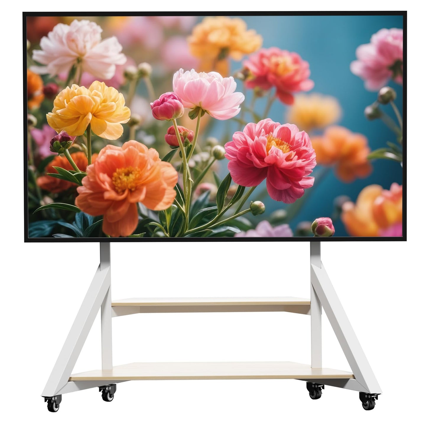 unho White TV Floor Stand with Wheels Shelves for 65 to 100 inch Large LCD/LED Flat Curved Screen up to 220lbs, Adjustable Heights TV Mount Stands VESA 800x600mm, Rolling TV Stand for Bedroom Office