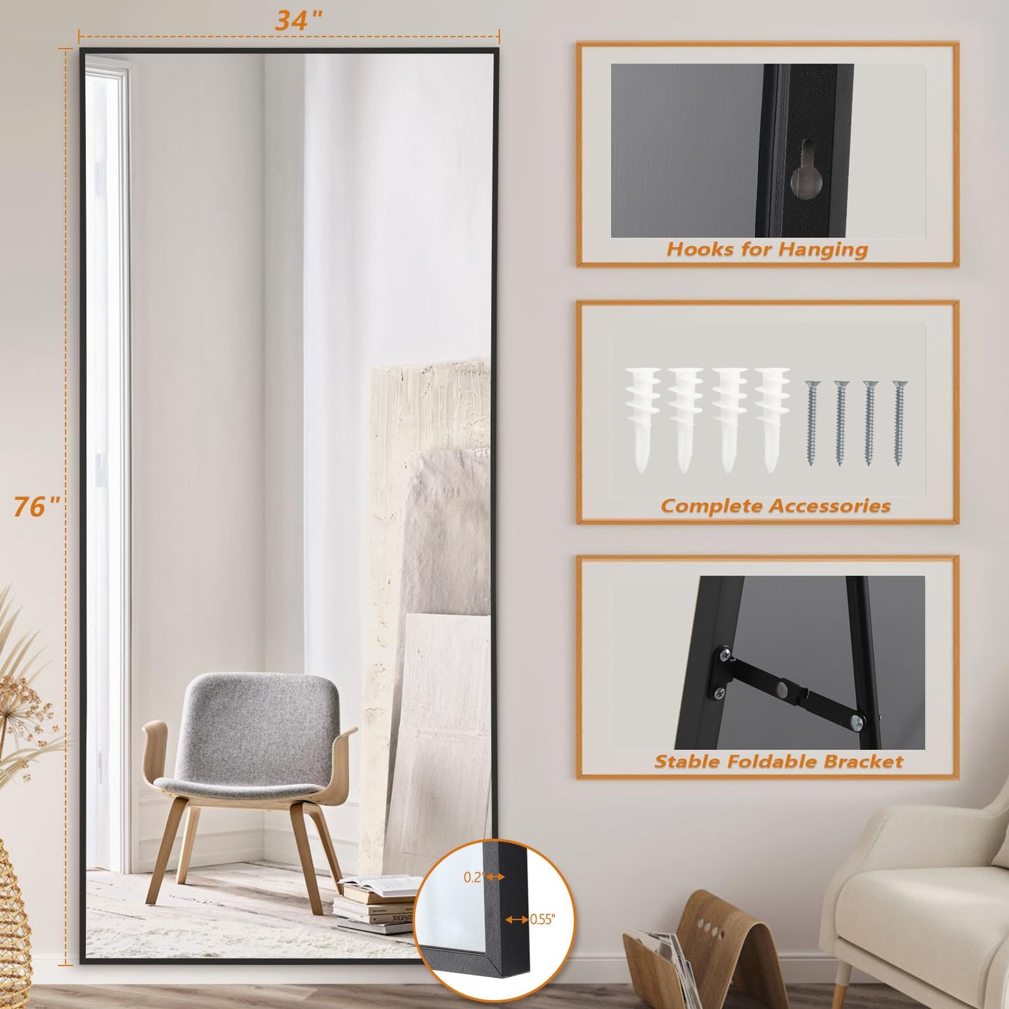 MirrMyst Full Length Mirror, 76"x34" Oversized Floor Mirror Free Standing, Large Full Body Mirror for Bedroom Living Room Gym, Black Mirror Full Length with Tempered Glass