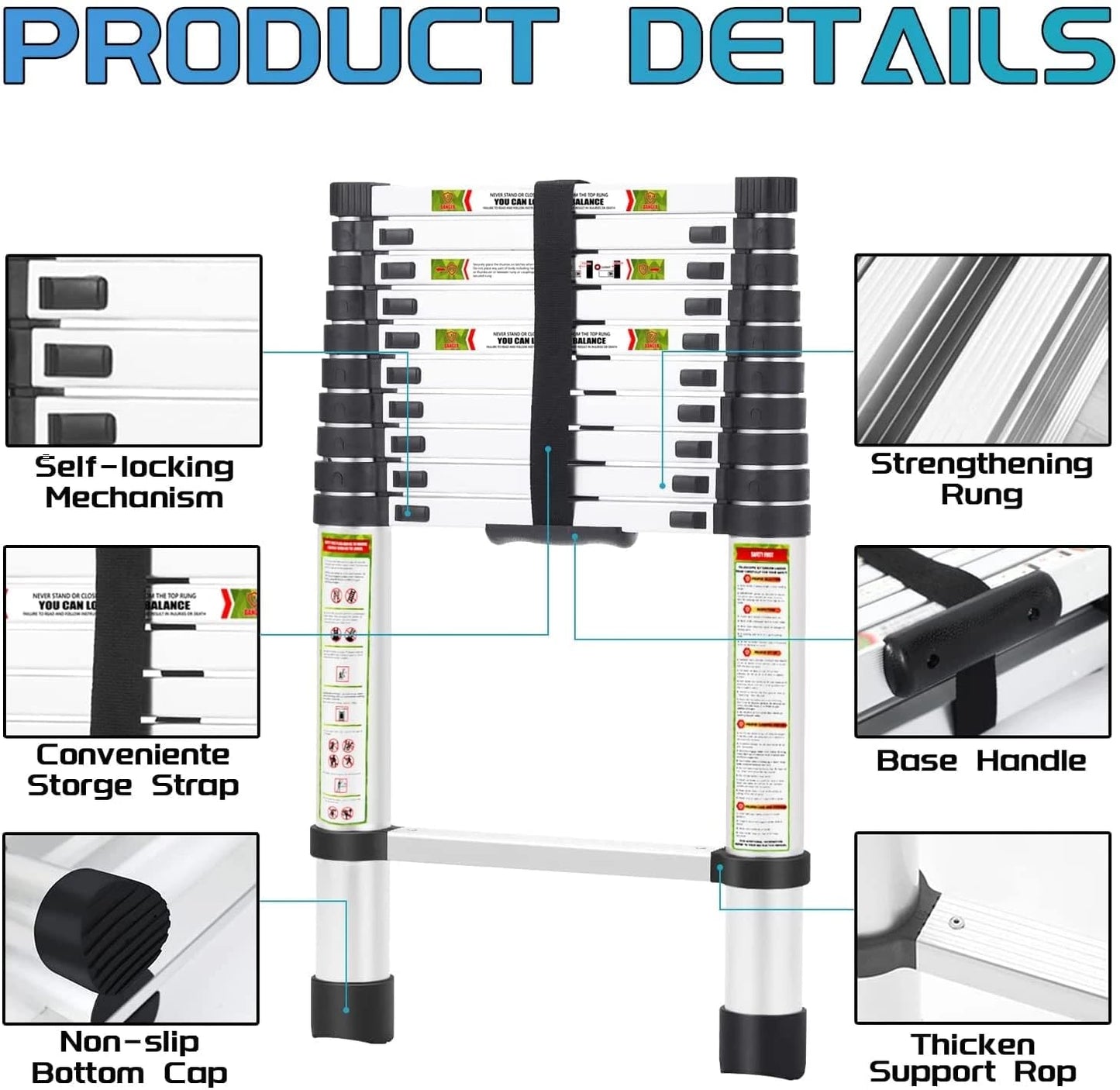 RIKADE Telescoping Ladder 16.5FT & Attic Ladder, Heavy Duty Aluminum with Non-Slip Feet, 330lb Capacity for RV, Attic, Roof & Multi-Surface Use