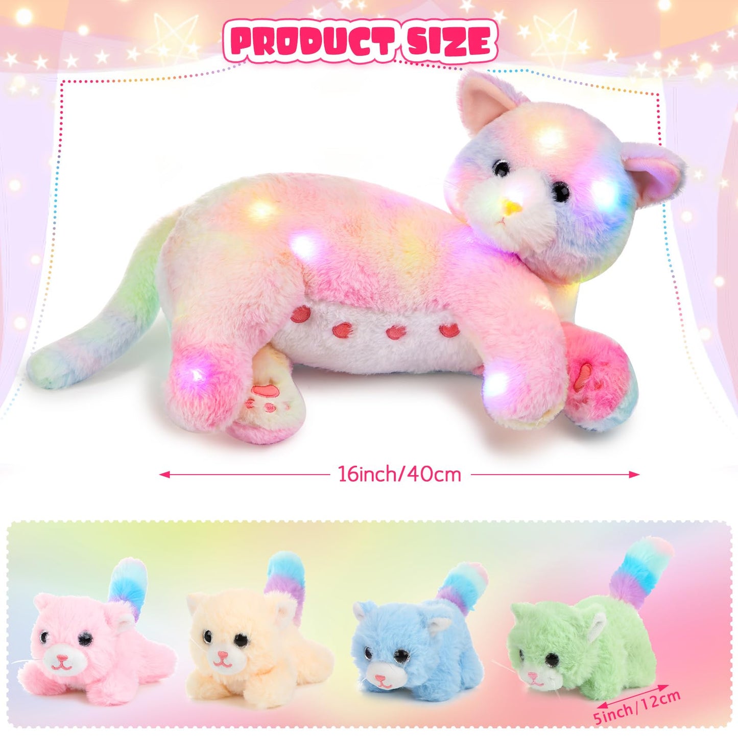 Skylety Nurturing Cat Stuffed Animal with 4 Plush Kittens, Cats Baby Stuffed for Girls Boys Plushy Mommy Kitty with Baby Kittens for Birthday Party Favors Gifts(LED Style)