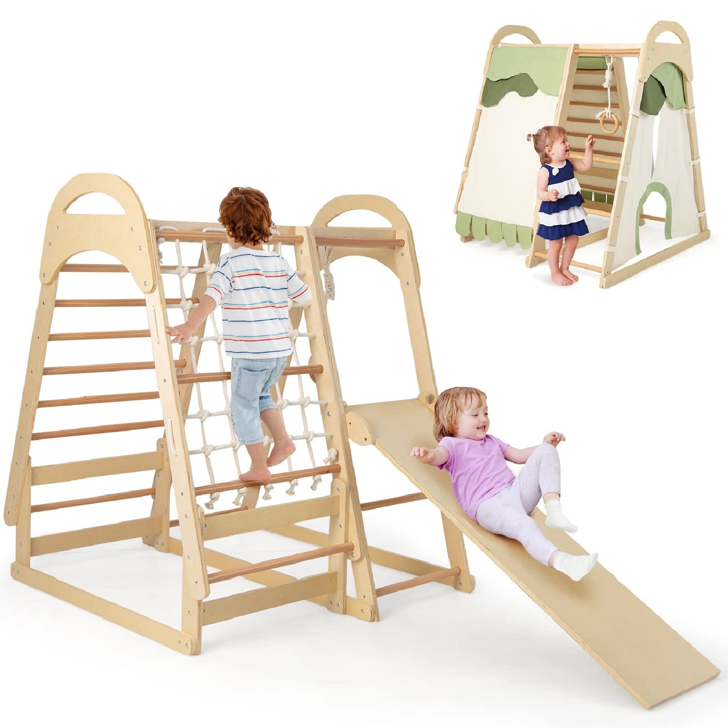 INFANS 7 in 1 Kids Indoor Playground, Wooden Montessori Climber Playset with Tent Slide Climbing Rock Climbing Net, Playground Jungle Gym Structure Climbing Toys for Toddlers Boys Girls