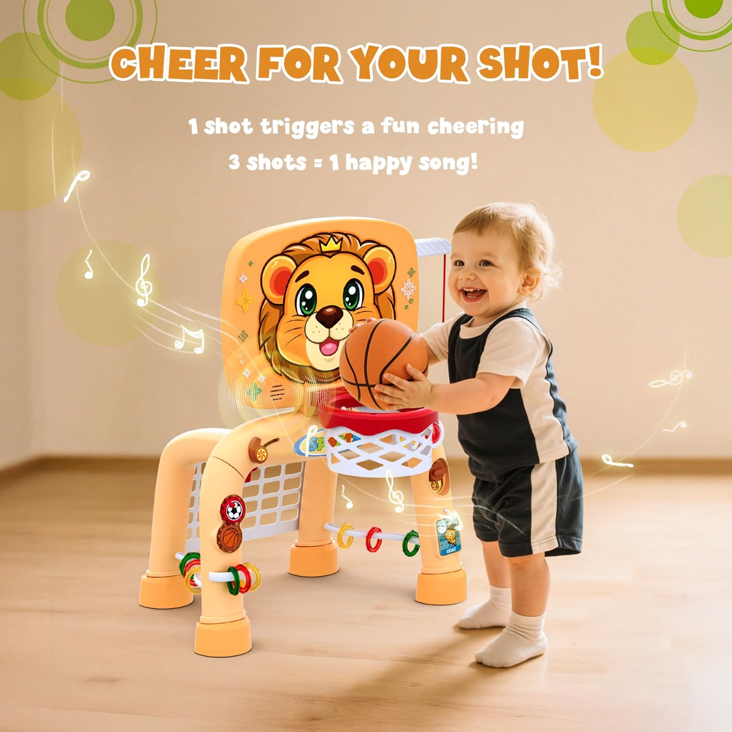 HYES Toddler Basketball Hoop Tball Set & Soccer Goal - Lion Sport Toys for 1 Year Old Boy with Learning Activities (Abacus/Alphabet/Animals Sounds) Christmas Birthday Gifts for Baby Boy Age 1 2 3