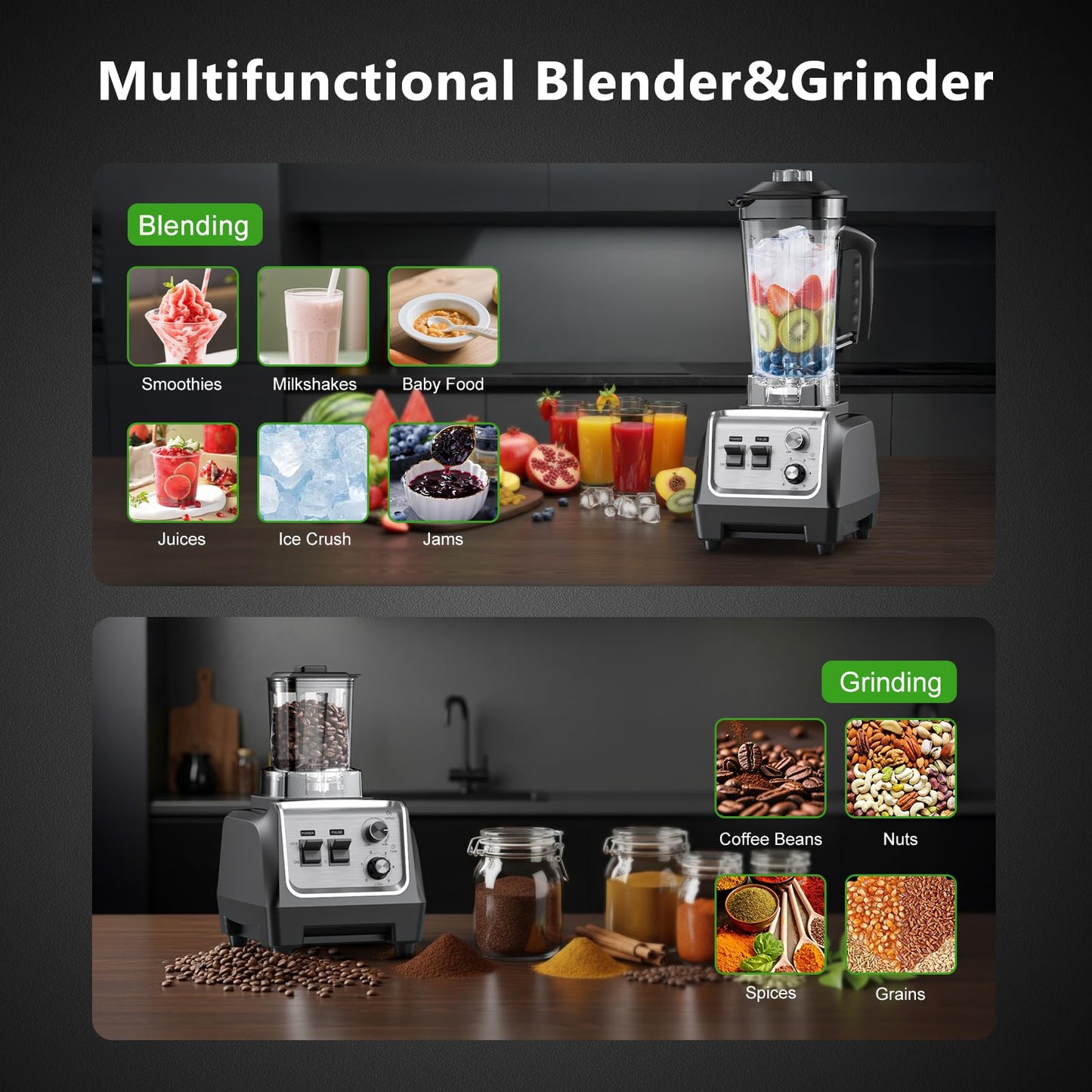 1800W Blender for Smoothies 70 oz Large Capacity Countertop Blenders with 20 oz Grinding Cup - 28000RPM High Speed Kitchen Blender for Ice Crushing, Frozen Drinks, Milkshakes & Puree