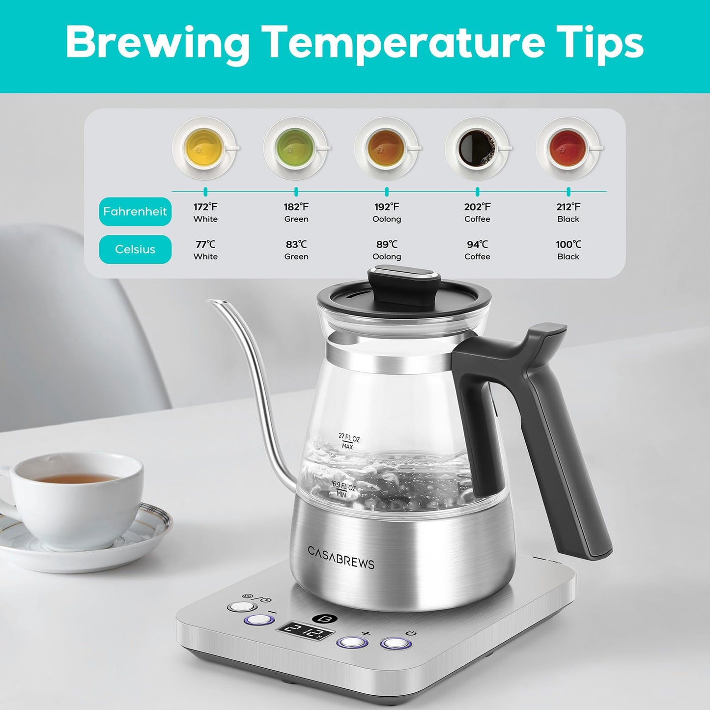 CASABREWS KEG5831 Gooseneck Electric Kettle, Stainless Steel Glass with Temperature Control & Reservation Time Function, Pour Over Kettle for Coffee & Tea, Fast Boiling, Auto Shut-Off, 1200W/0.8L