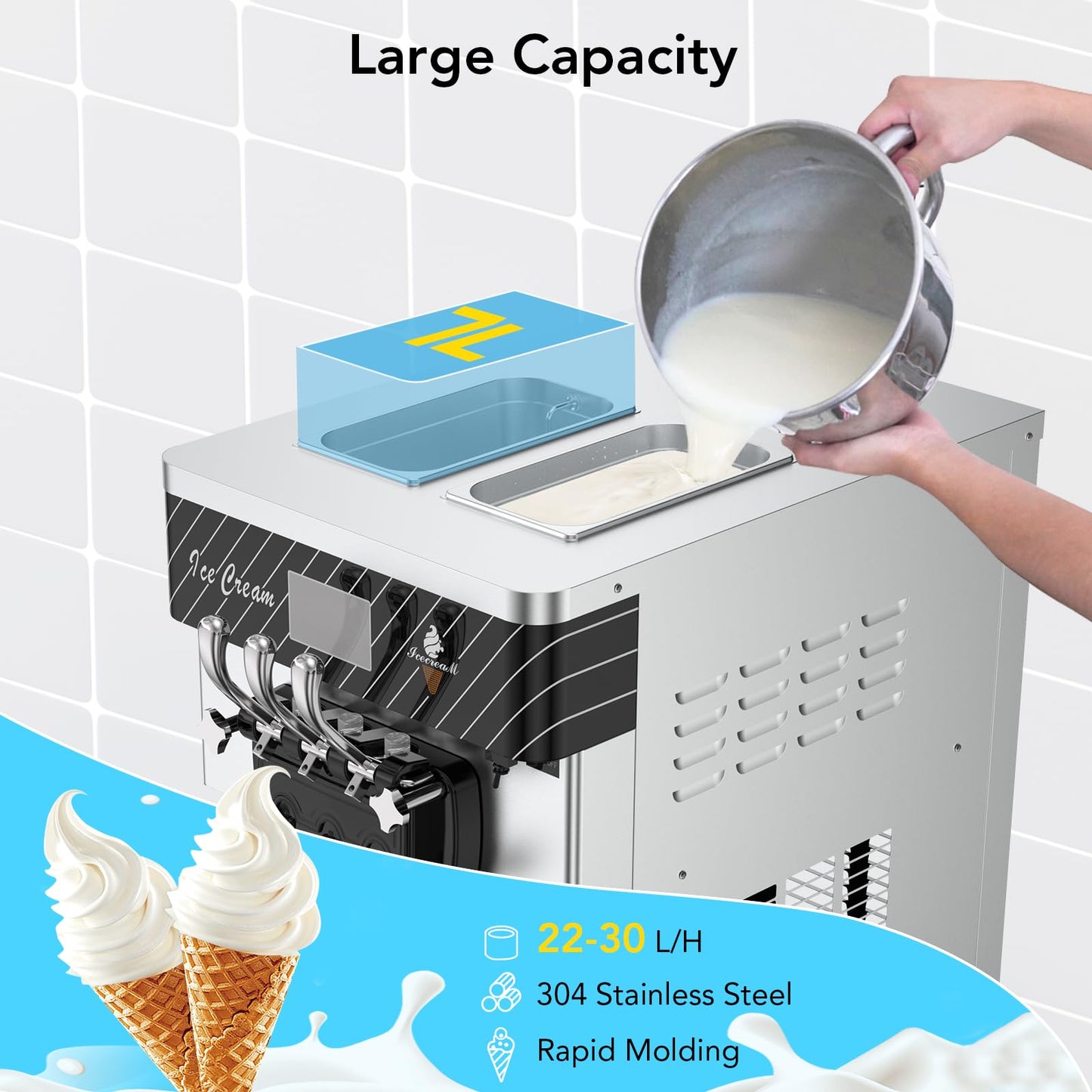 Commercial Ice Cream Maker, 5.8-7.9Gal/Hour Commercial Soft Ice Cream Machine, 2 X 7L Rangers, LED Display Design,with Auto Clean Function, 3 Flavors for Restaurants, Cream Shops