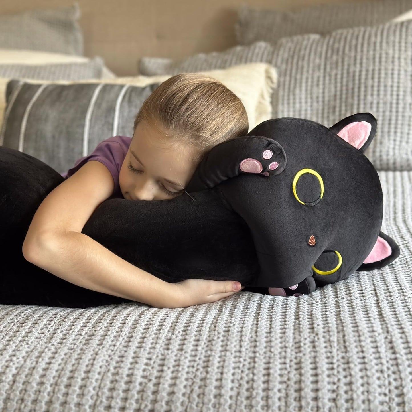 MaoGoLan Long Cat Body Pillow for Kids, 44'' Big Kitten Plush for Adults, Big Black Cat Stuffed Animal for Girl, Large Kitten Plush Throw Pillow for Mother's Day Birthday Gift, Baby Shower Party Decor