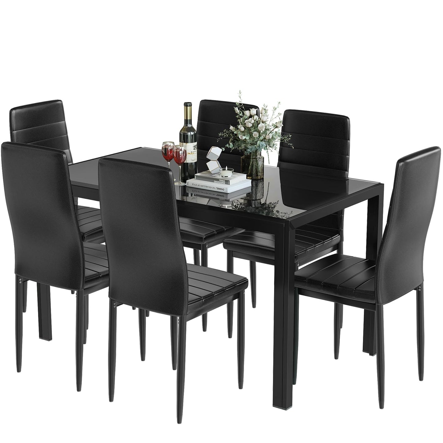 Recaceik 7 Piece Dining Table Set for 6, Tempered Glass Kitchen Table and PU Leather Chairs, Modern Dining Room Table Set for Small Space, Apartment