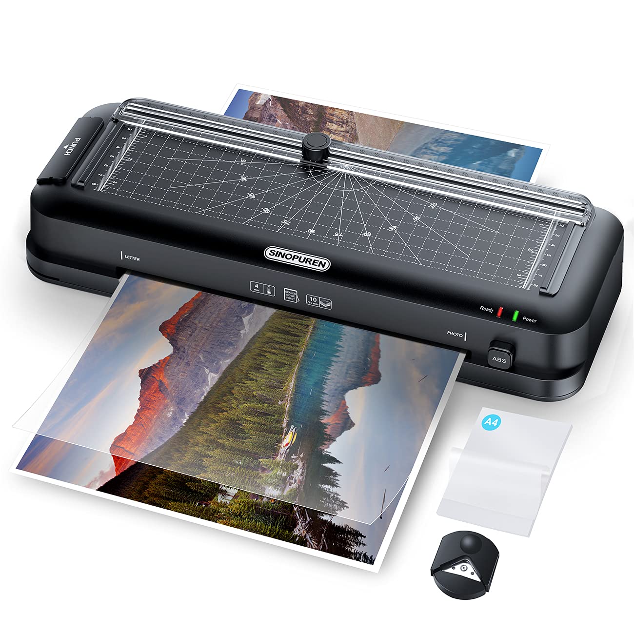 9-Inch Thermal Laminator Machine, 3-in-1 Laminator with Built-in Paper Trimmer, Hole Punch & Corner Rounder, 10 Laminating Pouches, Fast 3-Min Warm-Up, Jam-Free for Home, Office, School