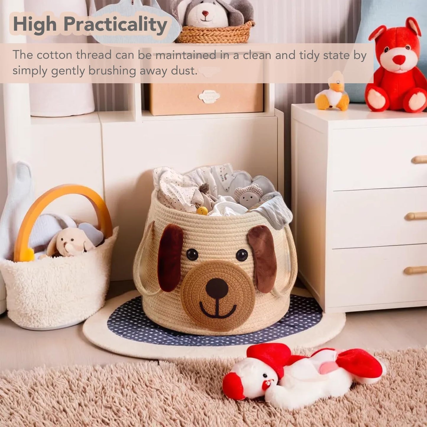 Large Dog Woven Basket with Handles - Toy Storage Bin, Baby Gift & Animal Nursery & Cute Laundry Basket, for Clothes, Towels, Toys (Dog)