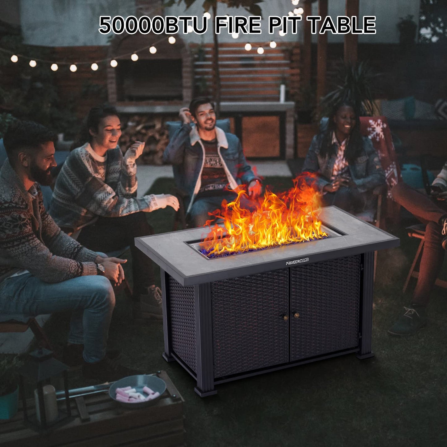 44 in Propane Fire Pit Table (Double Door), 50000BTU Rectangle Fire Table with Cover & Rain Cover, Sturdy Steel and Iron Fence Surface, CSA Safety Certified, Companion for Your Garden