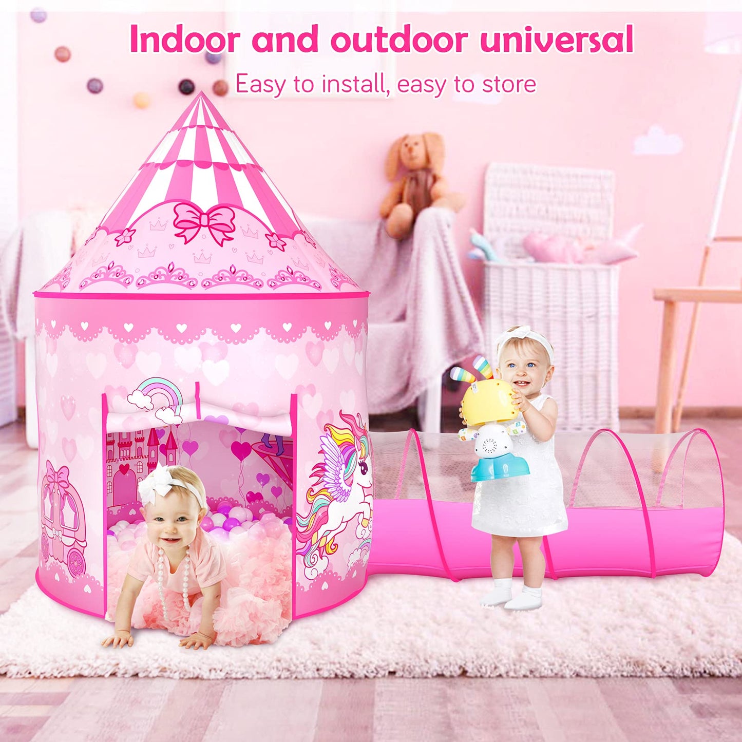 GeerWest 3PC Princess Tent for Girls with Kids Ball Pit and Crawl Tunnel for Toddlers, Pink Pop Up Playhouse Toys Indoor& Outdoor for Birthday Gifts