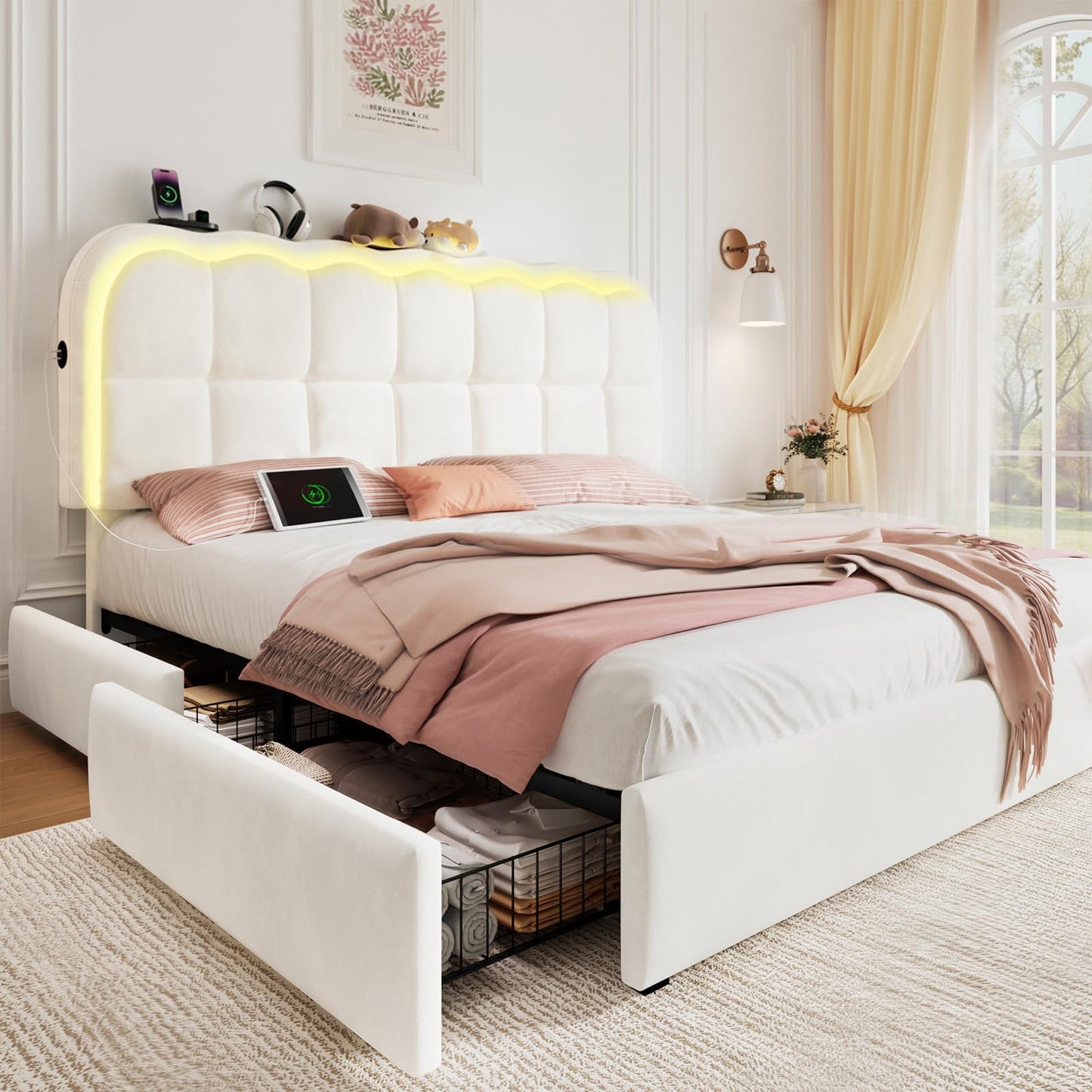 CypBed Queen Size Bed Frame with 4 Storage Drawers & LED Lights, Velvet Upholstered Platform Bed Frame with Charing Station and Adjustable Headboard, Wood Slats Support, No Box Spring Needed, White