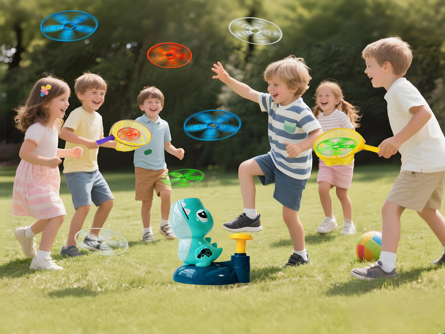Dinosaur Flying Disc Launcher Toy – Kids Outdoor Toys for Boys & Girls Ages 3-8, Fun Press & Launch Game with 8 Discs & Catch Net, Active Yard Toys & Outside Play Toys