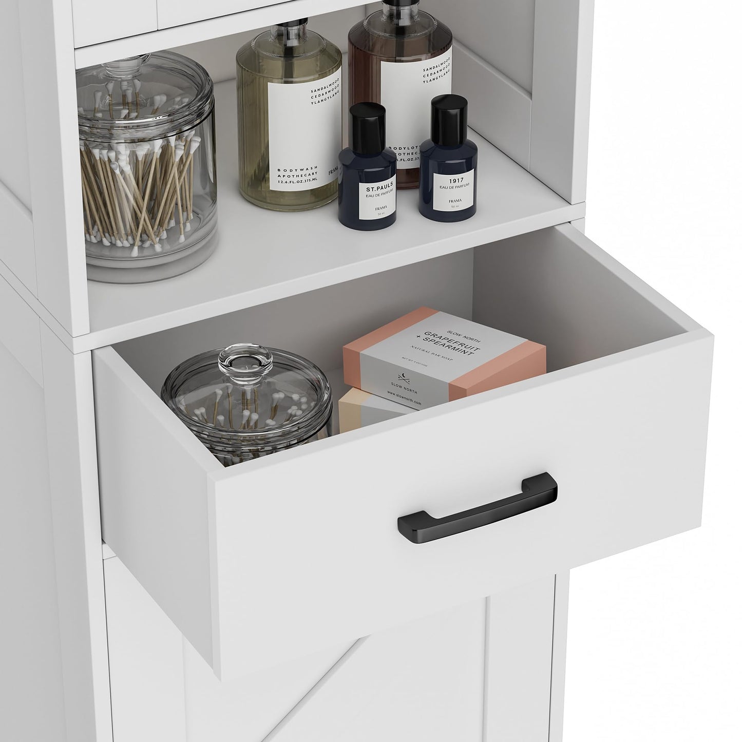 Homhedy 67" H Tall Bathroom Storage Cabinet with 2 Barn Doors and 1 Drawer, Narrow Storage Unit, Adjustable Shelves, Floor Cabinet for Bathroom, Living Room, Entryway, Kitchen, White, (15.7" W)