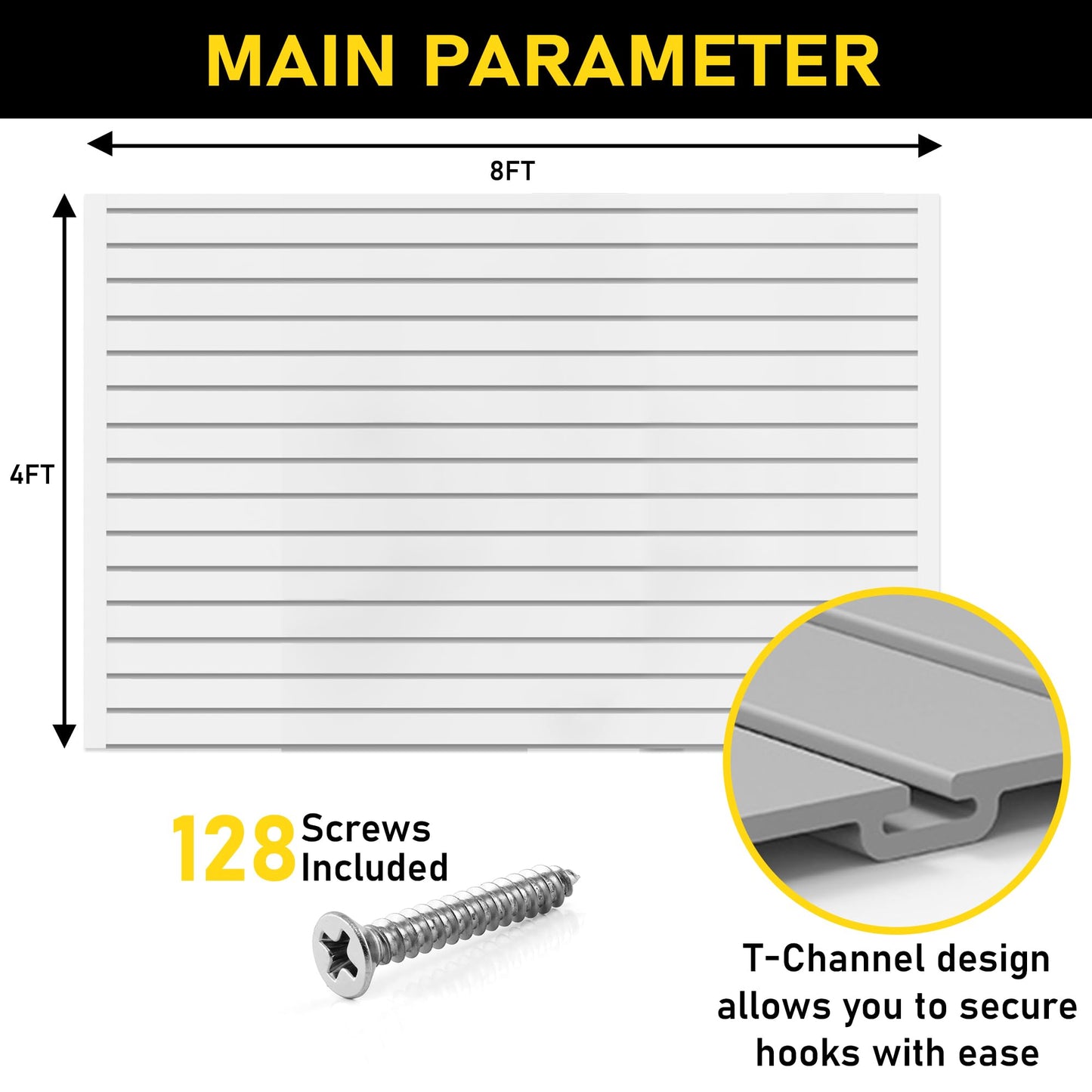 Heavy Duty 4x8 PVC Garage Slatwall Storage System (with Endcaps & Screws) - Modular Slat Wall Paneling for Garage Wall Organizer - Interlocking Slatwall Panels for Home & Commercial Use (White)